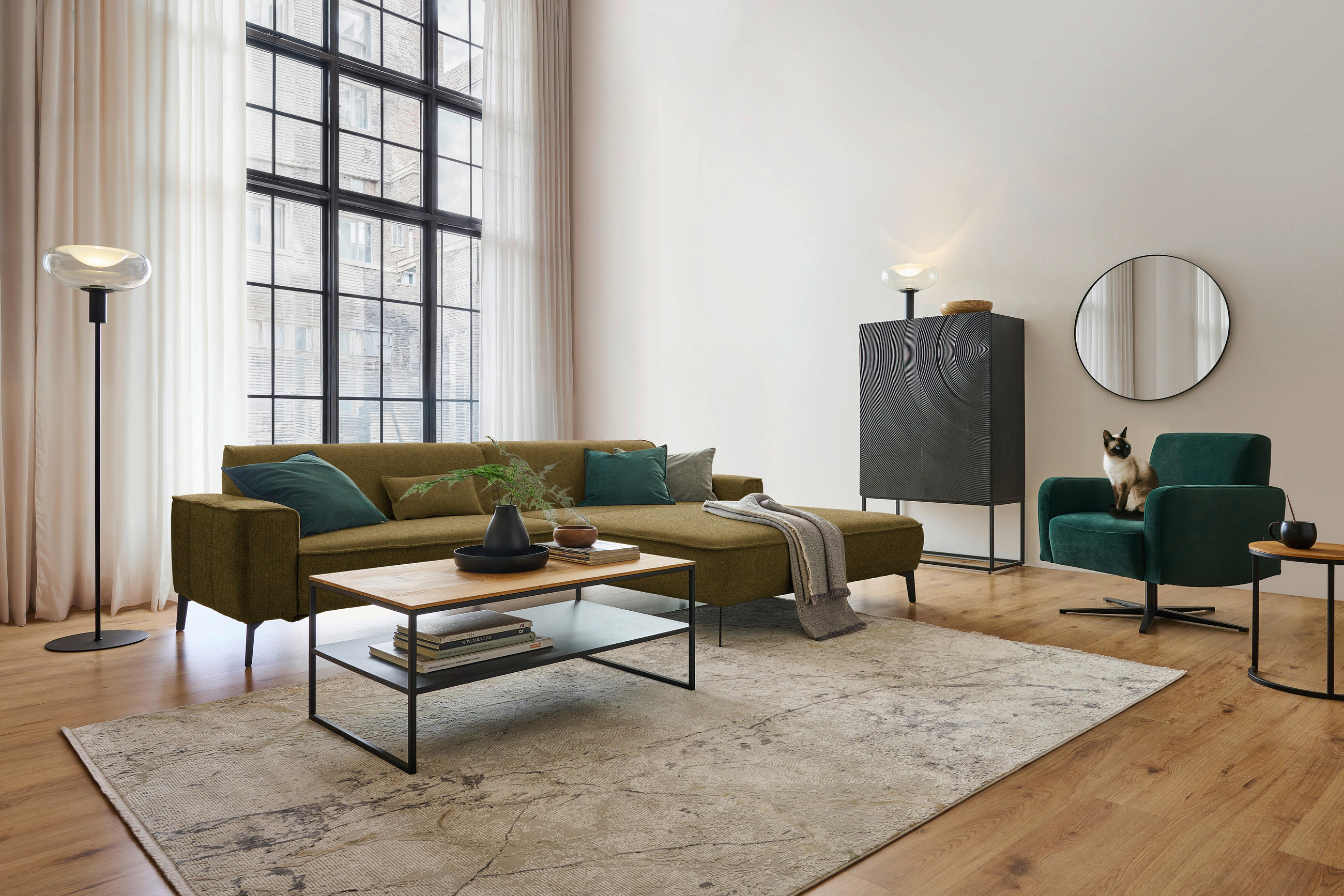 ECKSOFA in Flachgewebe Khaki  - Khaki/Schwarz, Design, Textil/Metall (285/190cm) - Johann Jakob