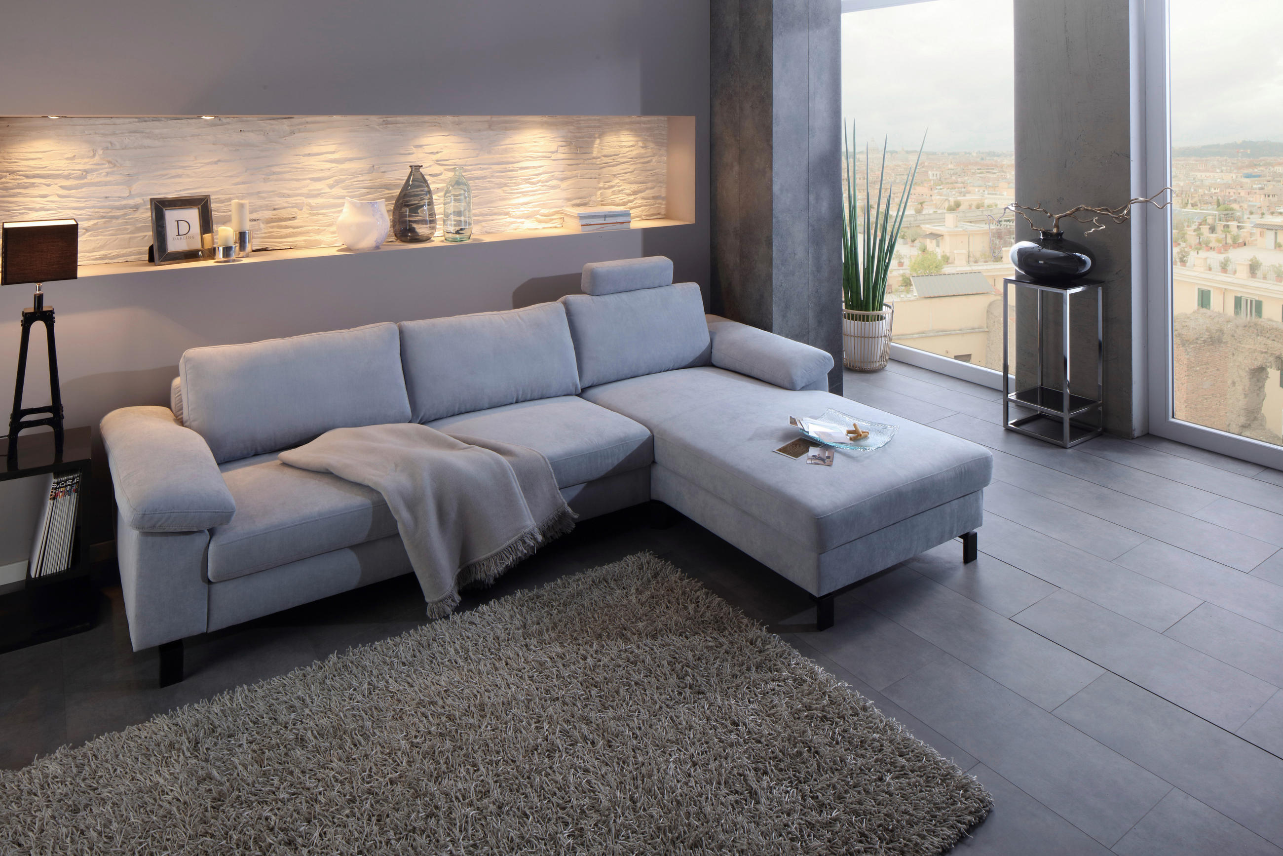 ECKSOFA Hellblau Velours  - Schwarz/Hellblau, Design, Textil/Metall (288/182cm) - Hom`in