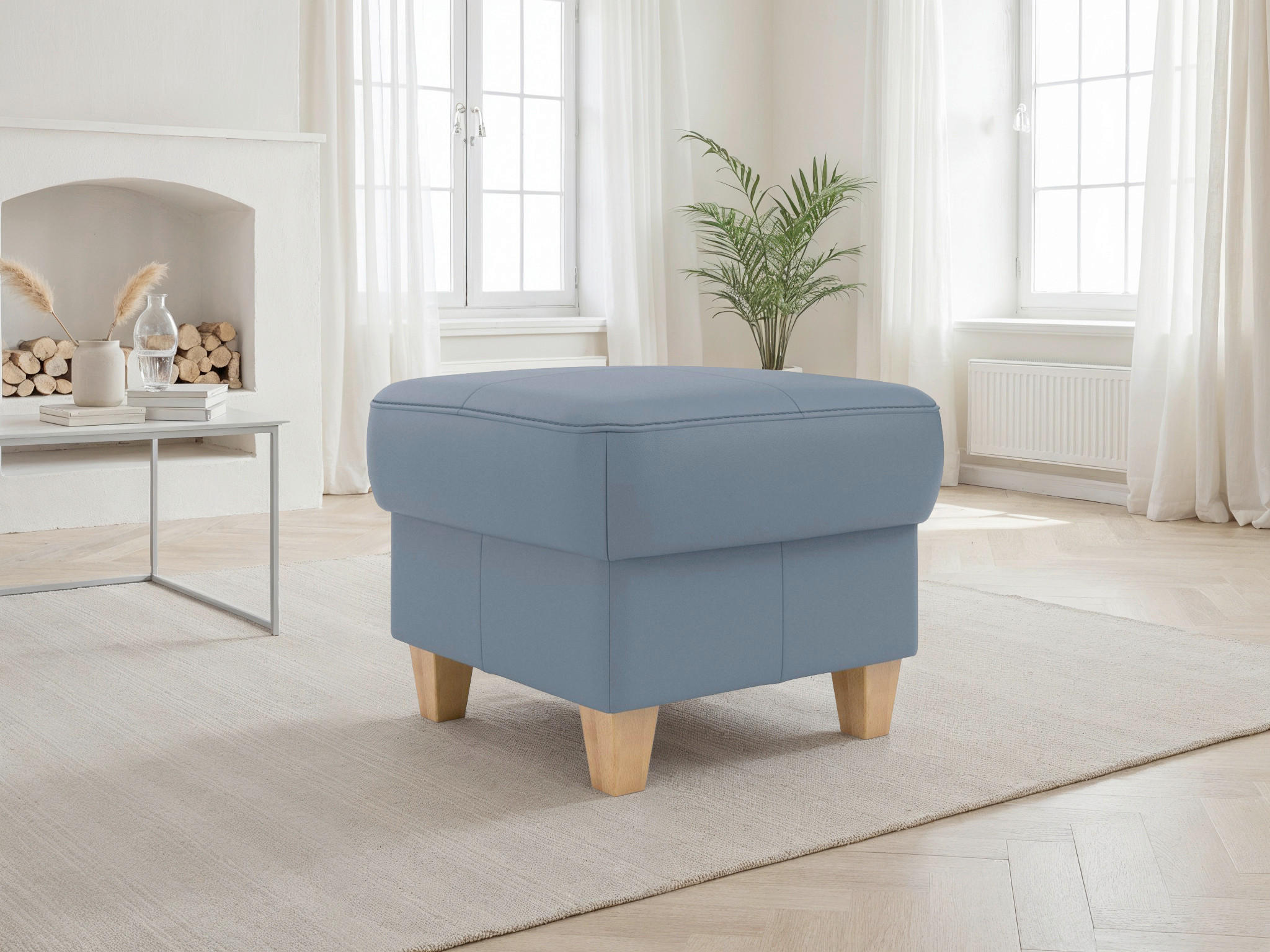TABURETKA, koža, 58/48/58 cm - sivomodrá/farba duba, Basics, koža/drevo (58/48/58cm) - Sit & More