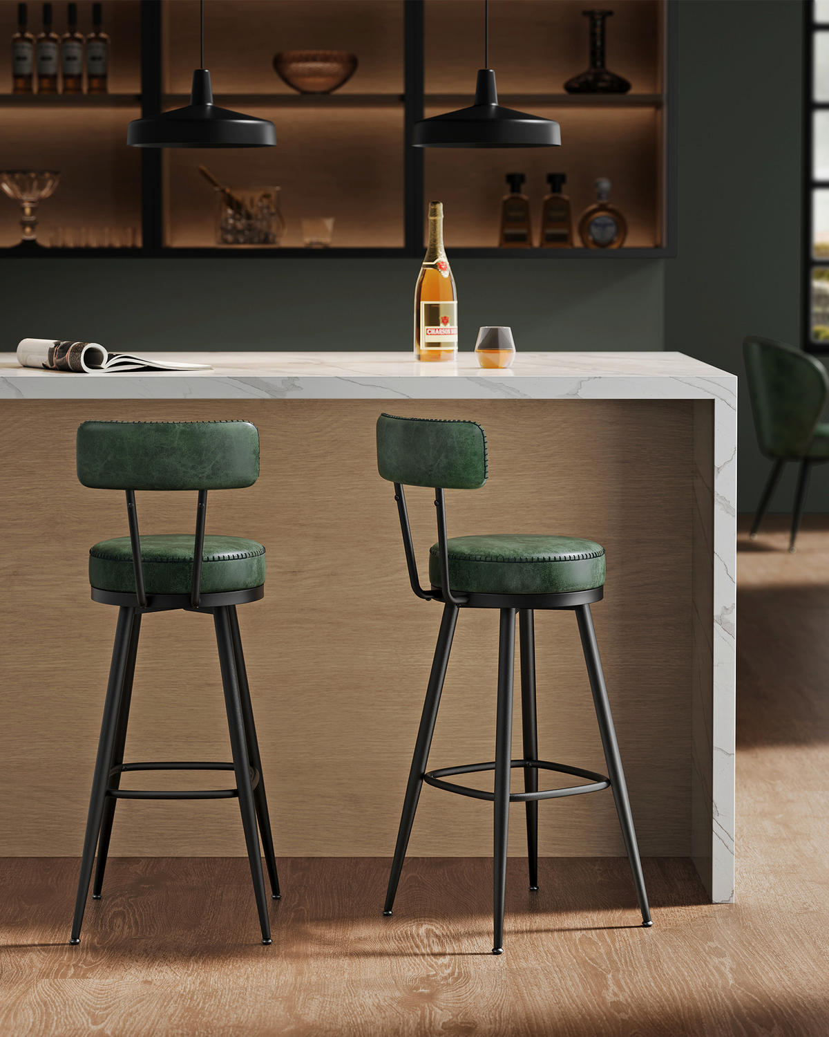 BARHOCKER-SET Lederlook Schwarz, Dunkelgrün Carbonstahl  - Dunkelgrün/Schwarz, MODERN, Leder/Kunststoff (56/101,5/56cm) - MID.YOU