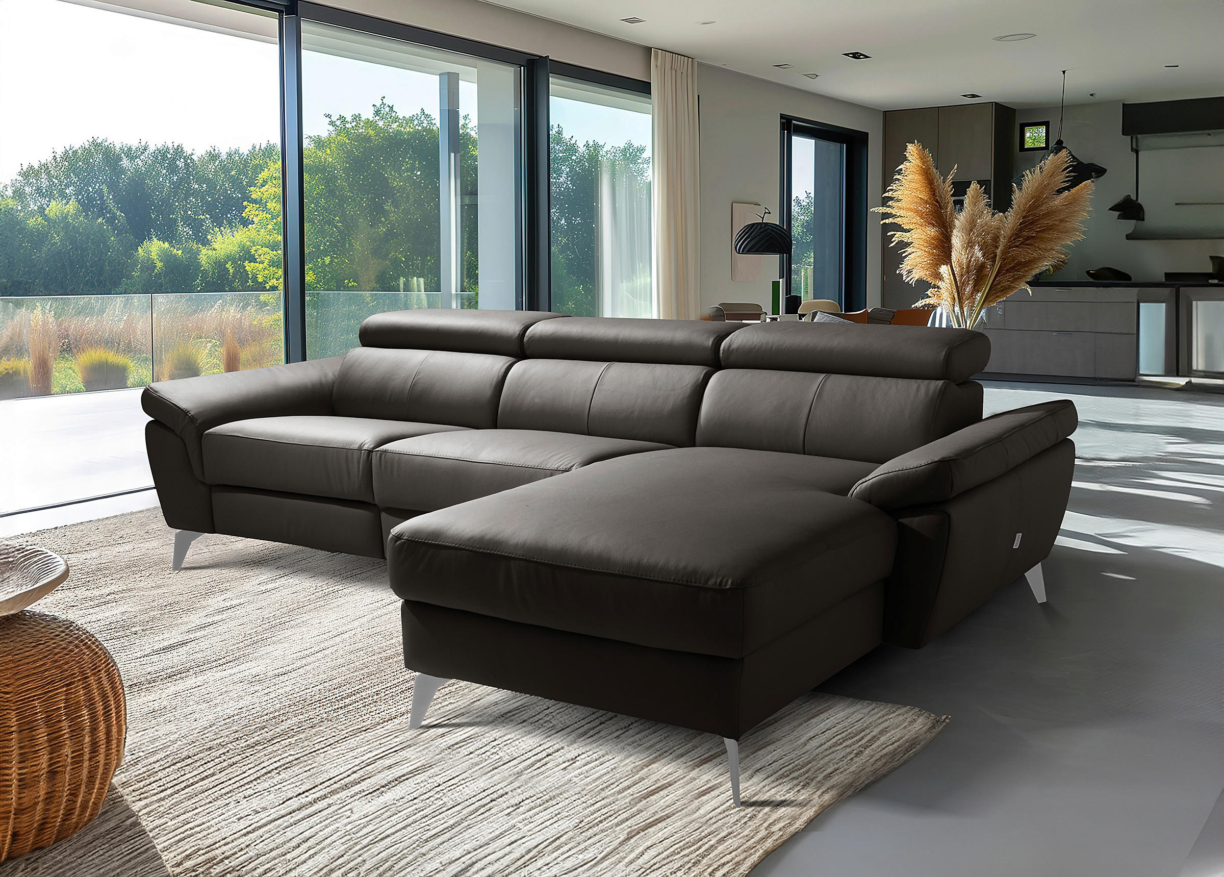 ECKSOFA Lederlook Echtleder Dunkelbraun  - Chromfarben/Dunkelbraun, Design, Leder/Textil (252/179cm) - Livetastic