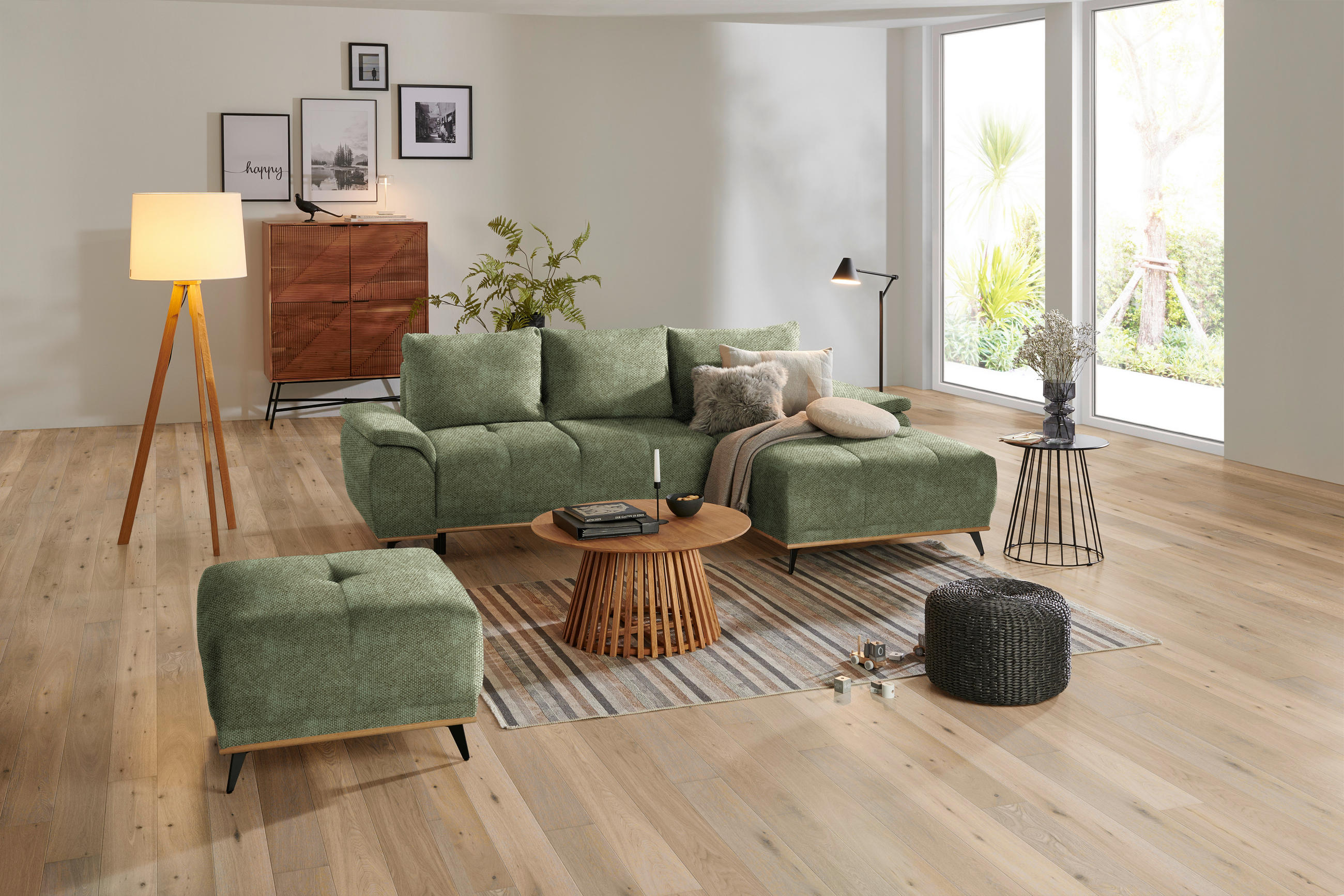 HOCKER Struktur Olivgrün  - Schwarz/Olivgrün, MODERN, Holz/Textil (73/47/73cm) - home24