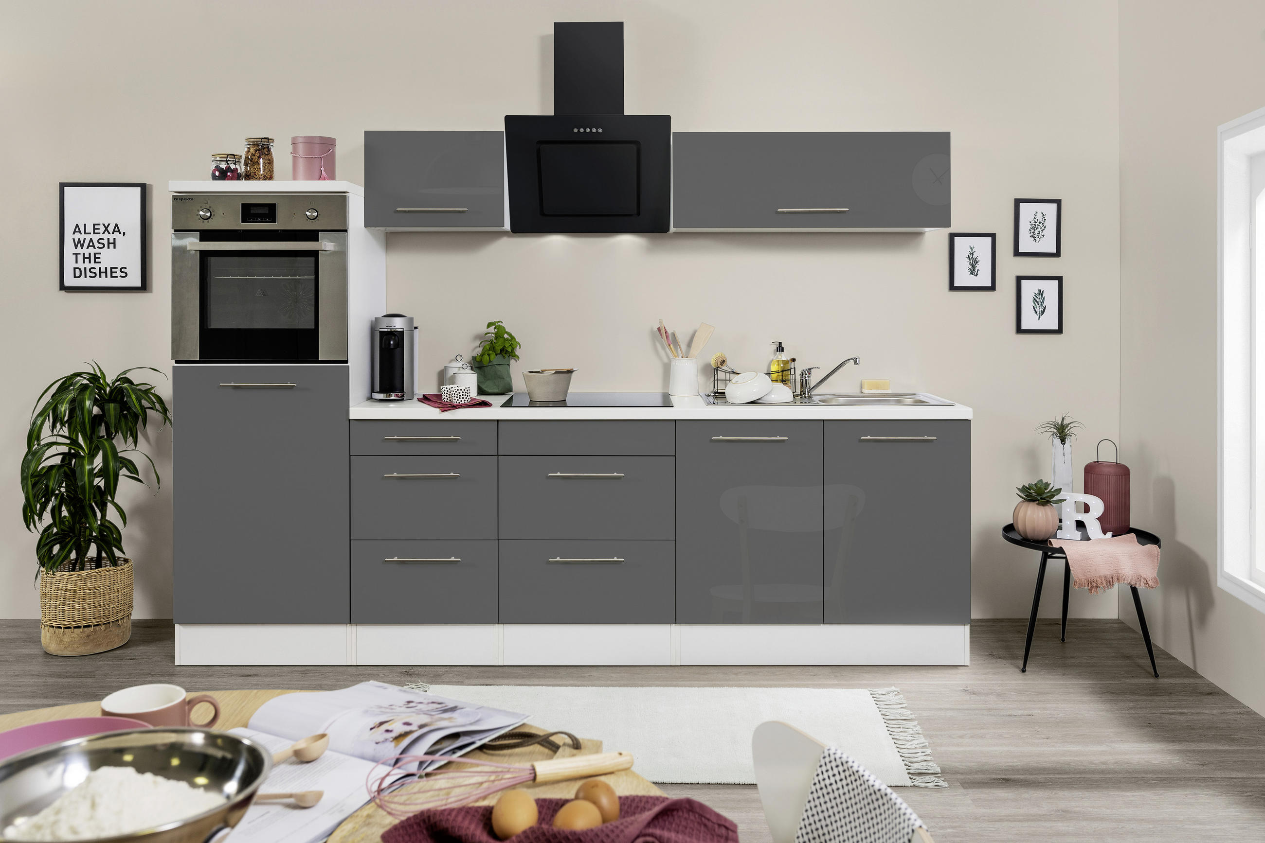 KÜCHENBLOCK 270 cm Grau, Weiß E-Geräte, Spüle, Soft-Close-System, Ab- und Überlaufgarnitur, Herdanschlusskabel - Edelstahlfarben/Weiß, KONVENTIONELL, Metall (270cm) - Respekta