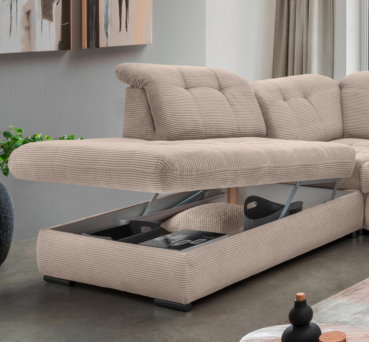SALON PANORAMIQUE in Cord Beige  - beige/noir, Modern, textile/métal (252/387/184cm) - Livetastic