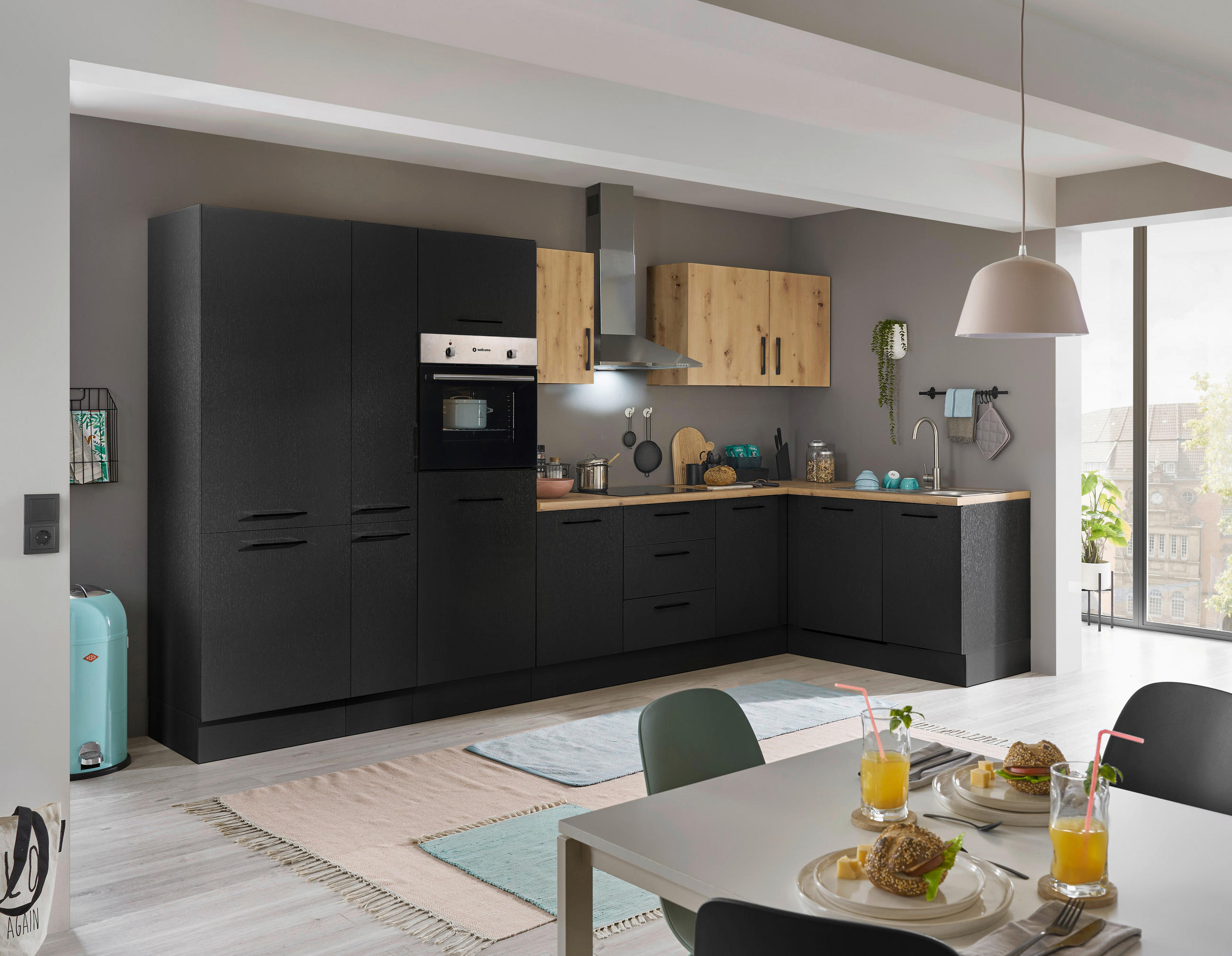 P & B Eckküche Eiche Artisan, Schwarz 370x175 cm