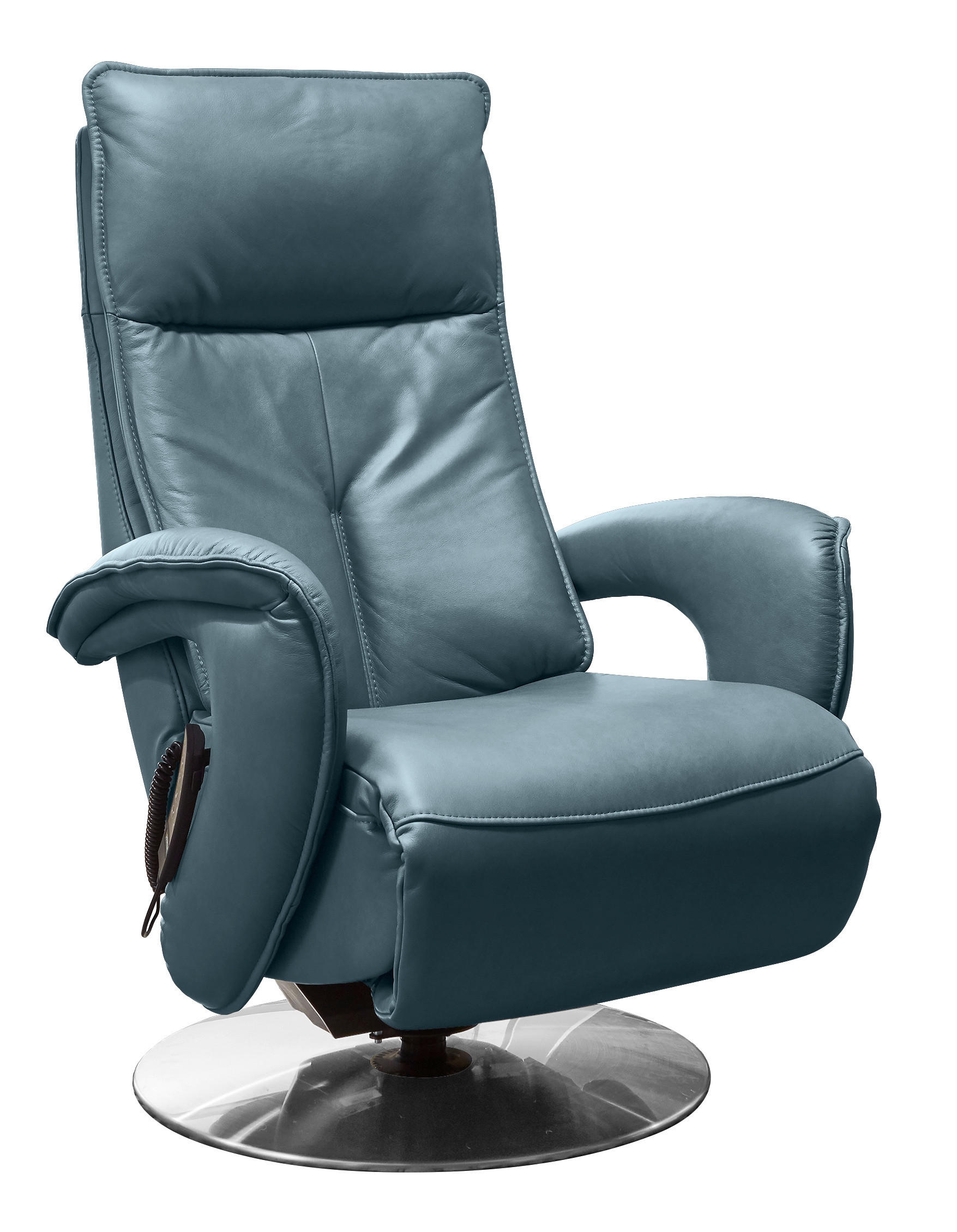 RELAXSESSEL Echtleder Relaxfunktion, Aufstehhilfe, Fußteilverstellung    - Chromfarben/Hellblau, Design, Leder/Metall (77/110/87cm) - Valdera