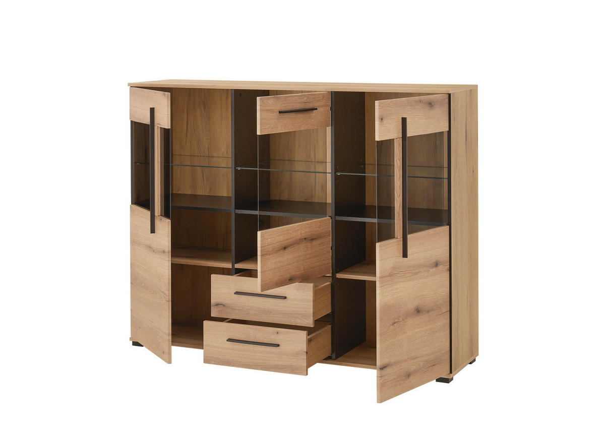 HIGHBOARD  160/126/42 cm 2 Schublade(n)  - Eichefarben/Schwarz, Design, Glas/Holzwerkstoff (160/126/42cm) - Livetastic