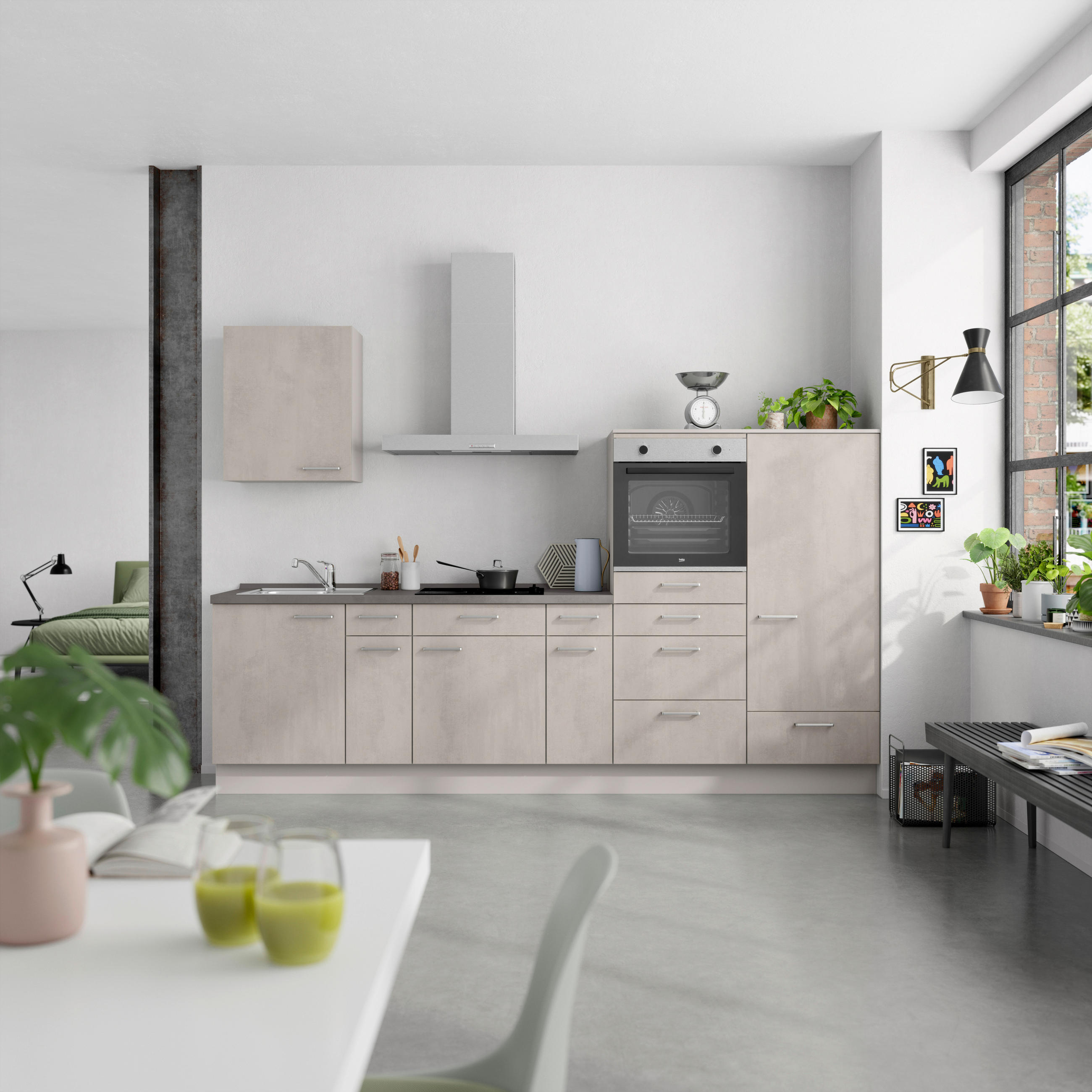 KÜCHENBLOCK Riva 300 cm  in Grau, Schieferfarben  - Schieferfarben/Edelstahlfarben, MODERN, Holzwerkstoff/Metall (300cm) - Nobilia