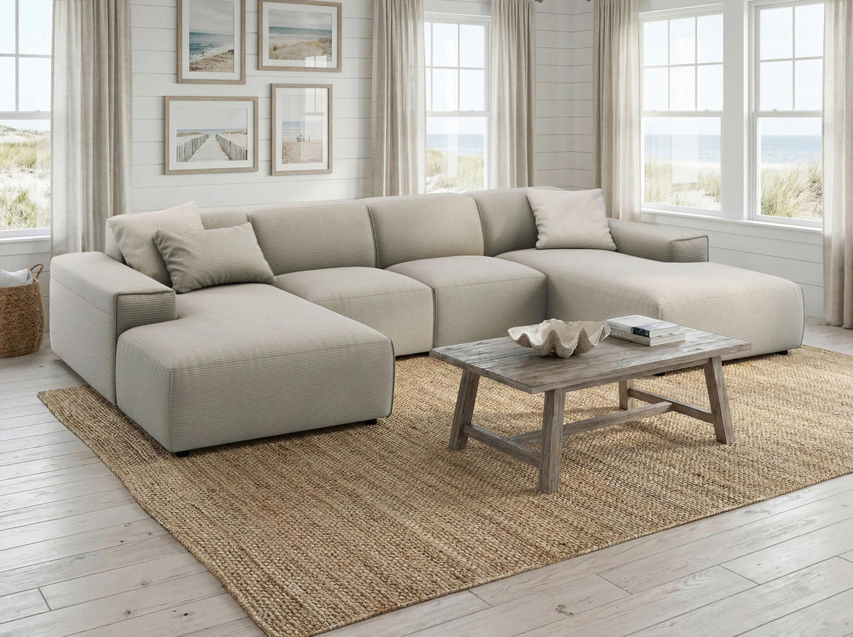WOHNLANDSCHAFT Hellgrau Cord  - Hellgrau/Schwarz, MODERN, Kunststoff/Textil (189/340/189cm) - Pure Home Lifestyle