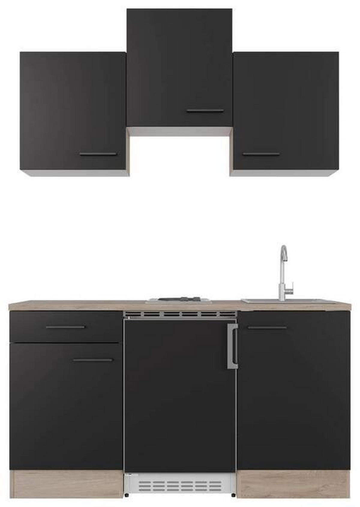 MINIKÜCHE 150,5 cm   in Schwarz, Eichefarben  - Eichefarben/Schwarz, Basics, Holzwerkstoff/Metall (150,5cm) - FlexWell