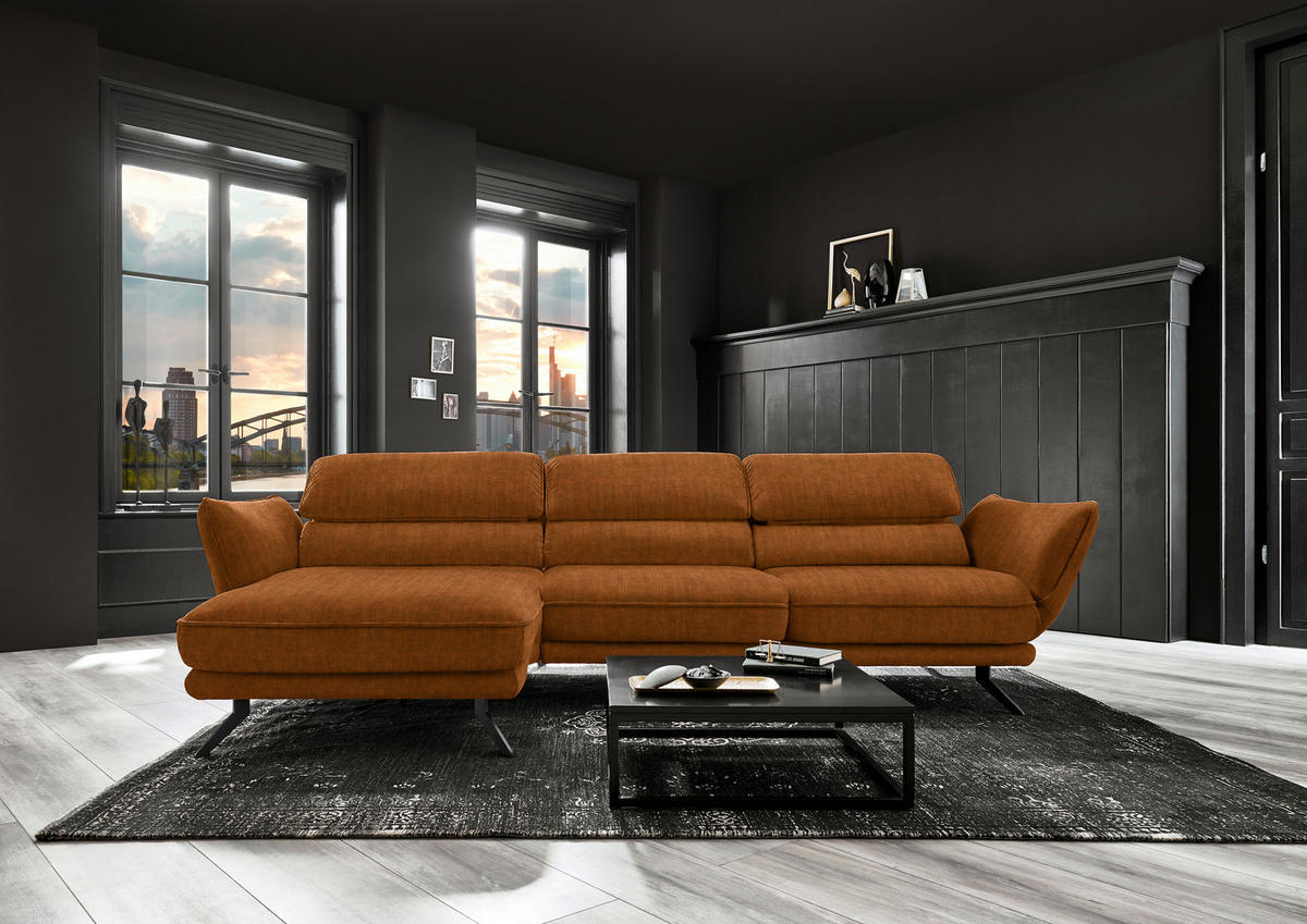 ECKSOFA in Velours Cognac  153/283 cm  - Cognac/Schwarz, Design, Textil/Metall (153/283cm) - Valdera