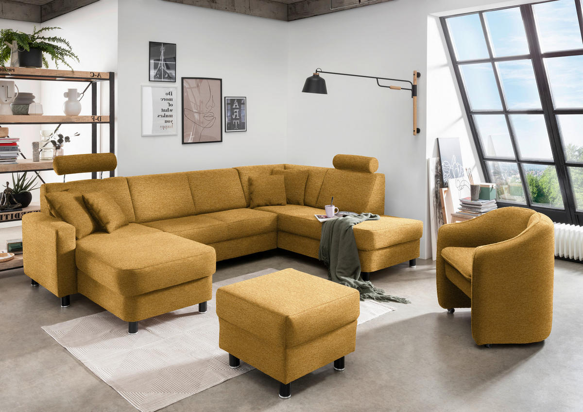 WOHNLANDSCHAFT in Webstoff Honig  - Schwarz/Honig, Design, Holz/Textil (165/296/198cm) - Xora