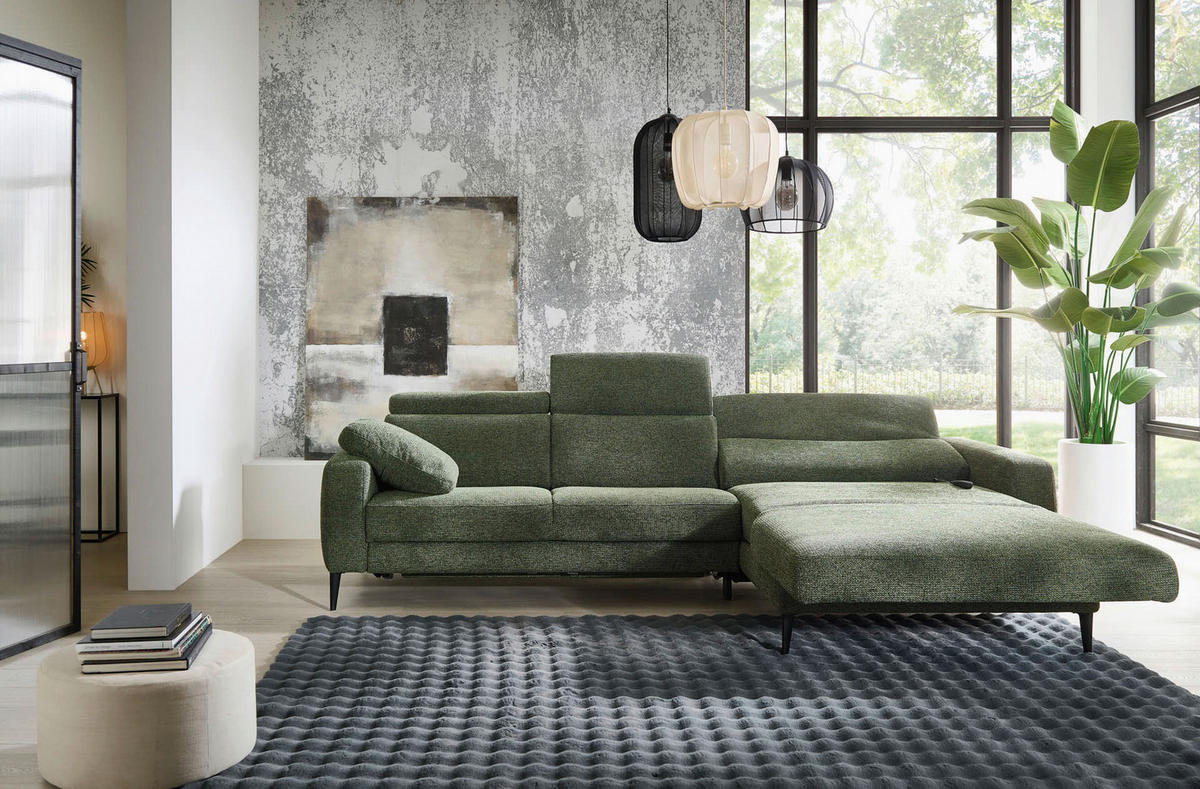 ECKSOFA Grün Chenille  - Schwarz/Grün, KONVENTIONELL, Textil/Metall (300/177cm) - Valdera