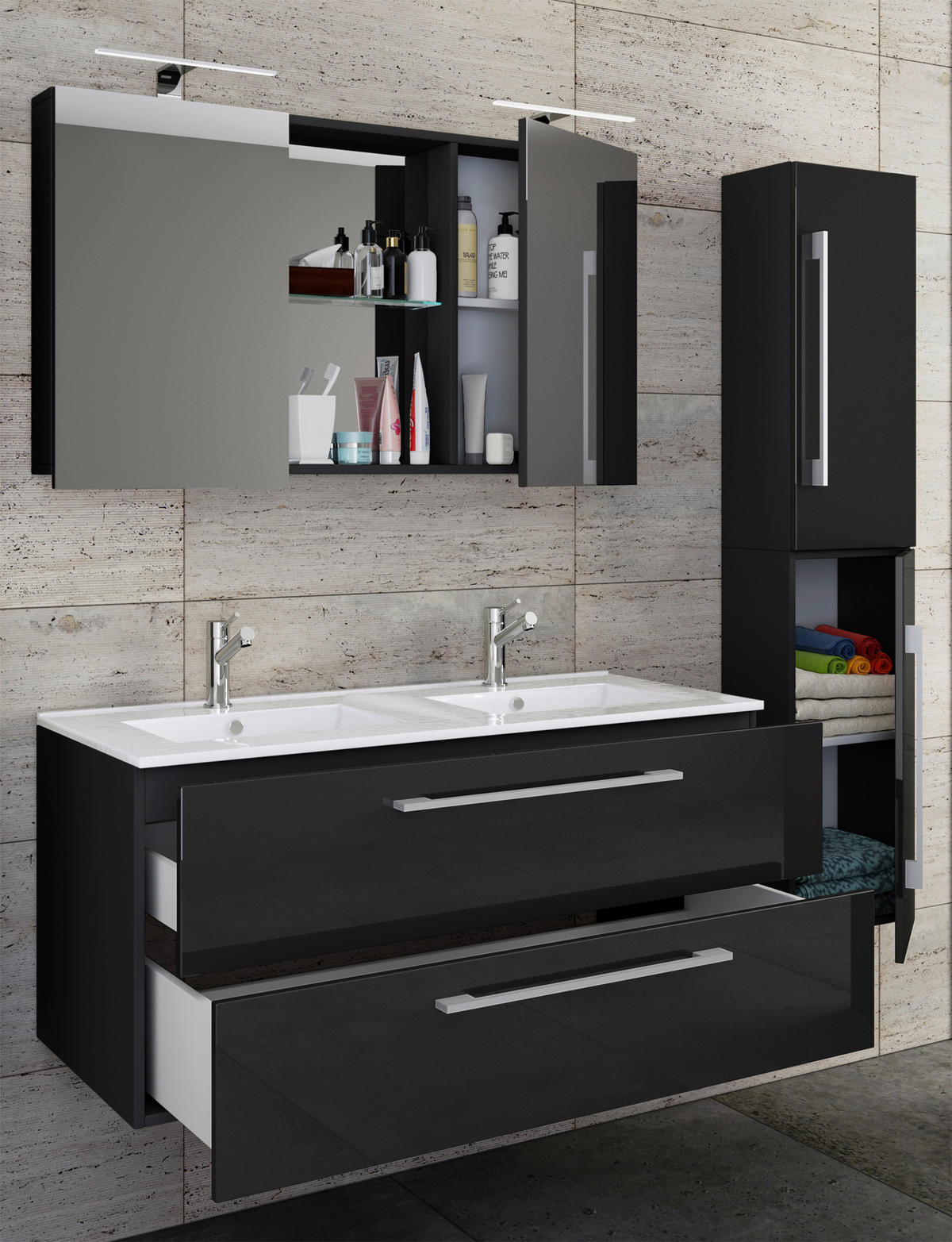 BADEZIMMER 4-teilig  in 145 cm  - Alufarben/Schwarz, MODERN, Keramik/Holzwerkstoff (145cm) - MID.YOU