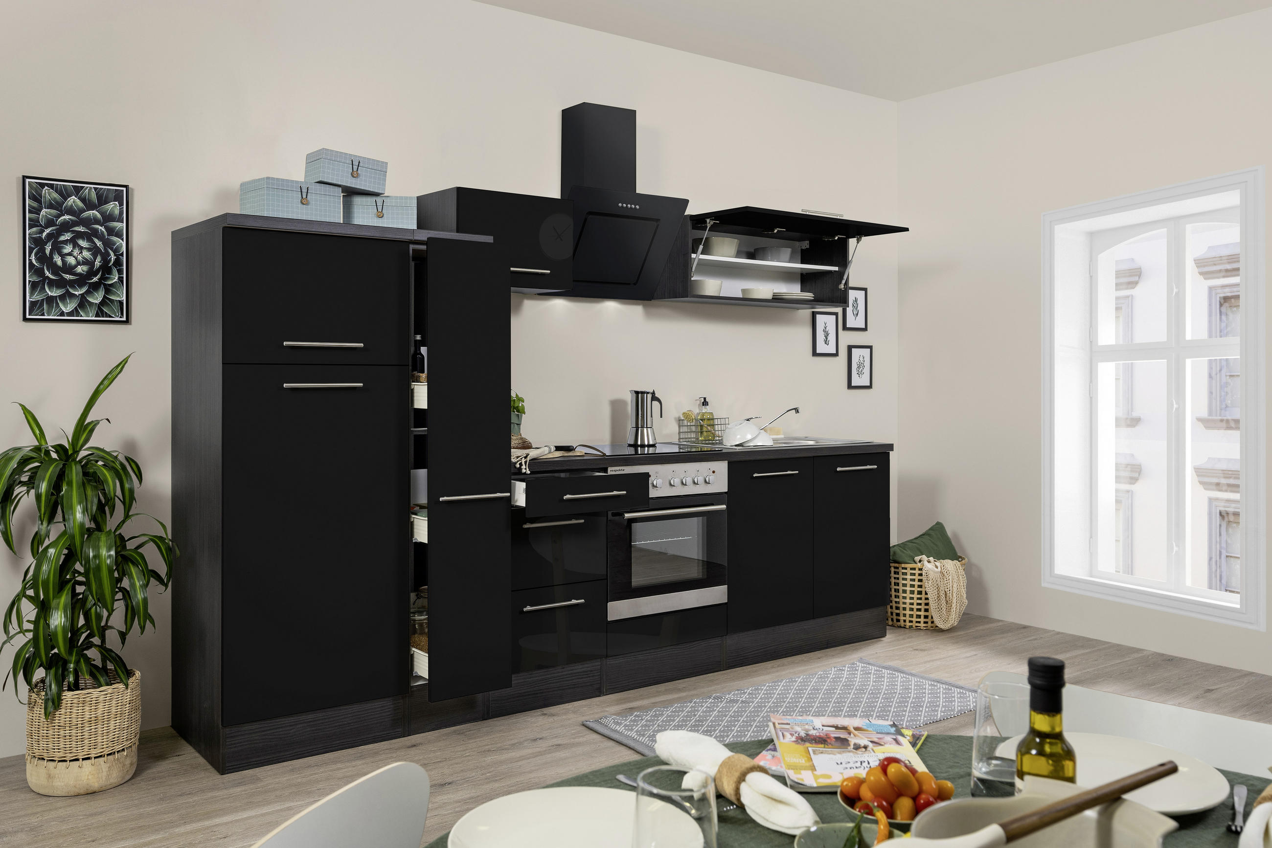 KÜCHENBLOCK 300 cm   in Schwarz, Eichefarben  - Edelstahlfarben/Eichefarben, Basics, Holzwerkstoff/Metall (300cm) - Respekta