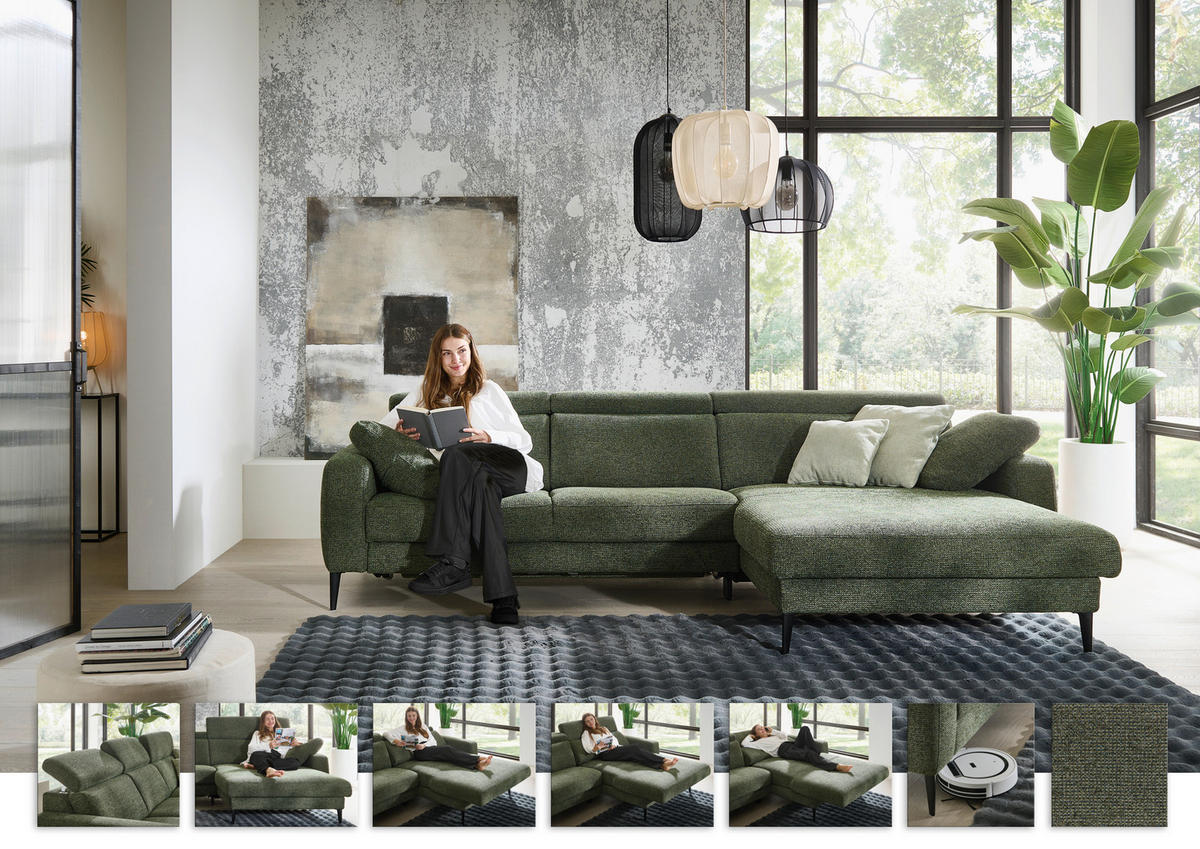 ECKSOFA Grün Chenille  - Schwarz/Grün, KONVENTIONELL, Textil/Metall (300/177cm) - Valdera