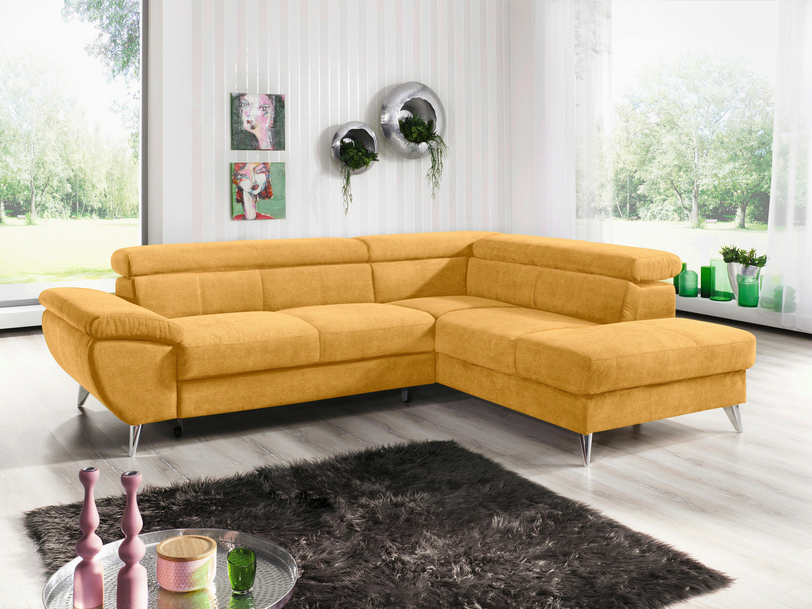 SEDACIA SÚPRAVA, textil, žltá - žltá/chrómová, Basics, kov/textil (260/75-93/207cm) - Welnova