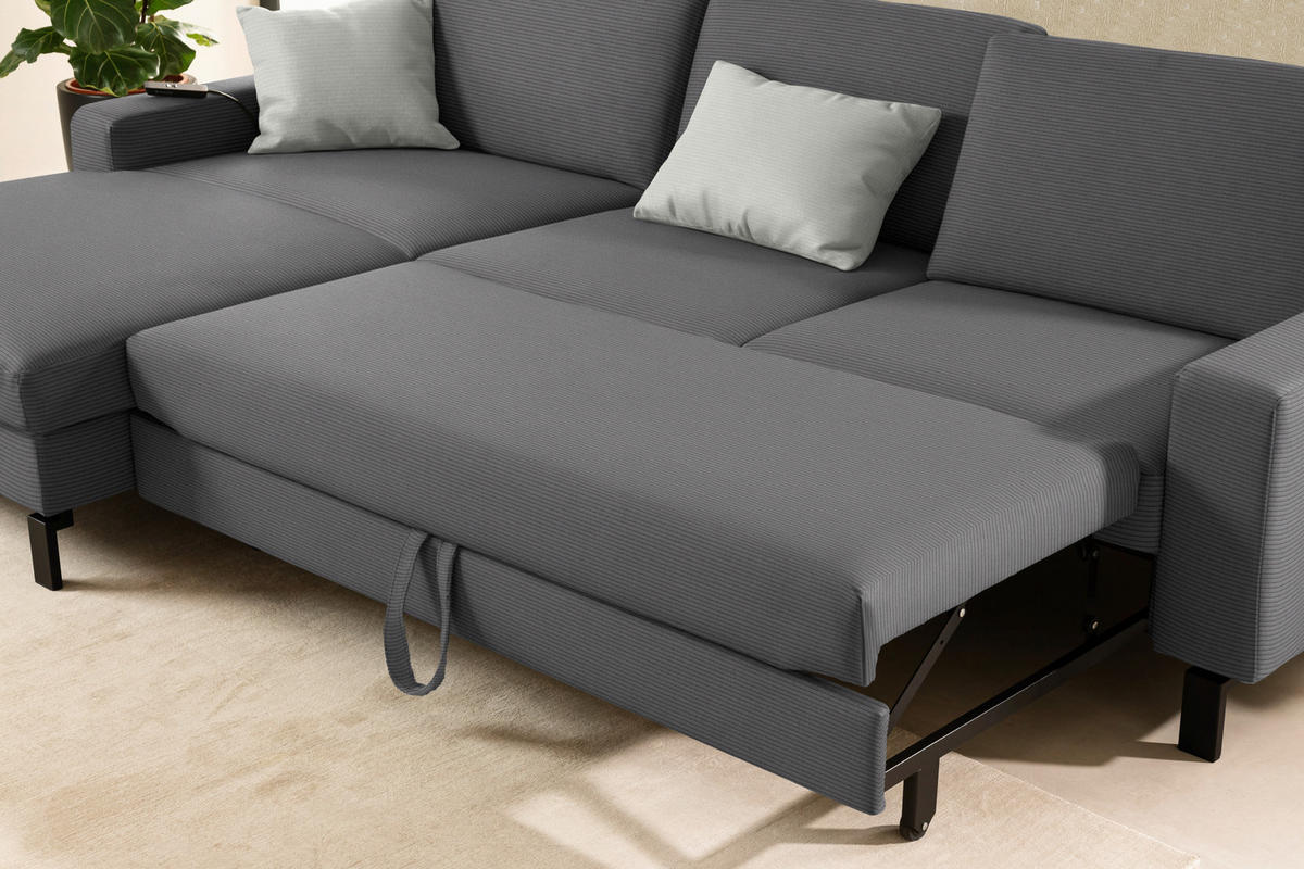 ECKSOFA Cord Grau  - Schwarz/Grau, Design, Textil/Metall (185/298cm) - Pure Home Lifestyle