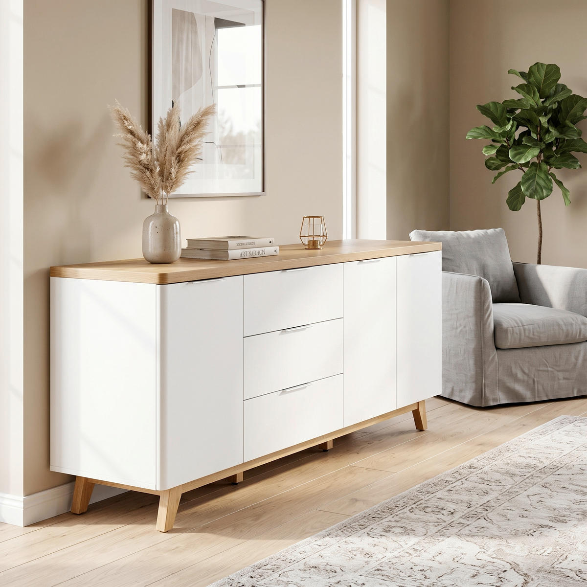 SIDEBOARD  180/77/39 cm 3 Schublade(n)  - Eichefarben/Alufarben, KONVENTIONELL, Holzwerkstoff/Metall (180/77/39cm) - Livetastic