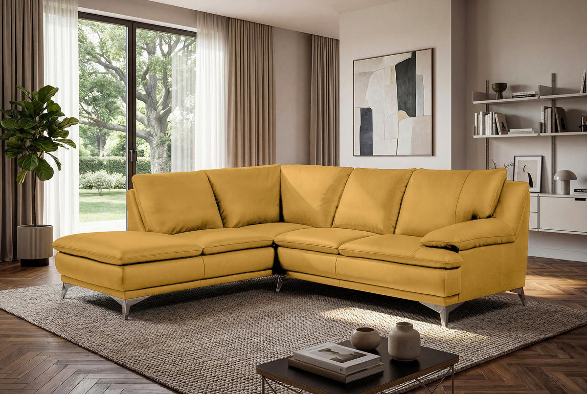 ECKSOFA Senfgelb Echtleder  - Chromfarben/Senfgelb, Design, Leder/Metall (224/252cm) - Novel