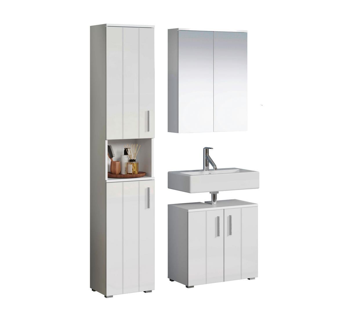 BADEZIMMER 3-teilig  in  - Weiß Hochglanz/Silberfarben, Trend, Holzwerkstoff/Kunststoff (112/192/32cm) - MID.YOU