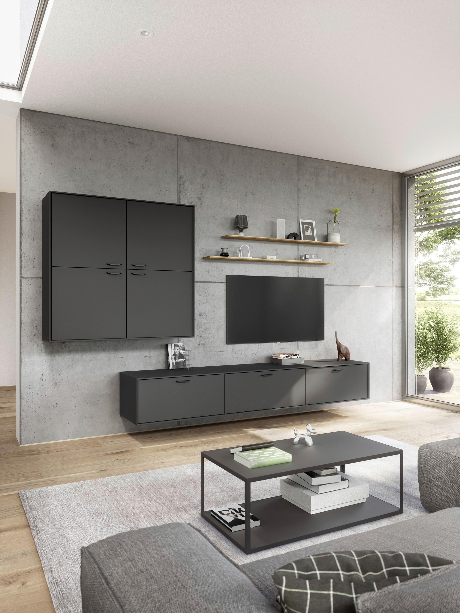 WOHNWAND  in Graphitfarben, Schwarz, Eichefarben  300/205,2/49,7 cm  - Eichefarben/Schwarz, Design, Holzwerkstoff/Metall (300/205,2/49,7cm) - Celina Home