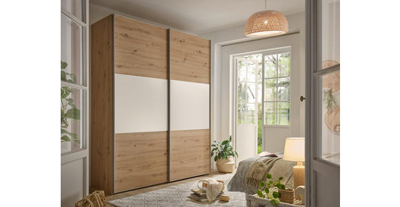 SCHWEBETÜRENSCHRANK 200/222/68 cm 2-türig Weiß, Eiche Artisan  - Alufarben/Eiche Artisan, Holzwerkstoff/Metall (200/222/68cm) - Moderano