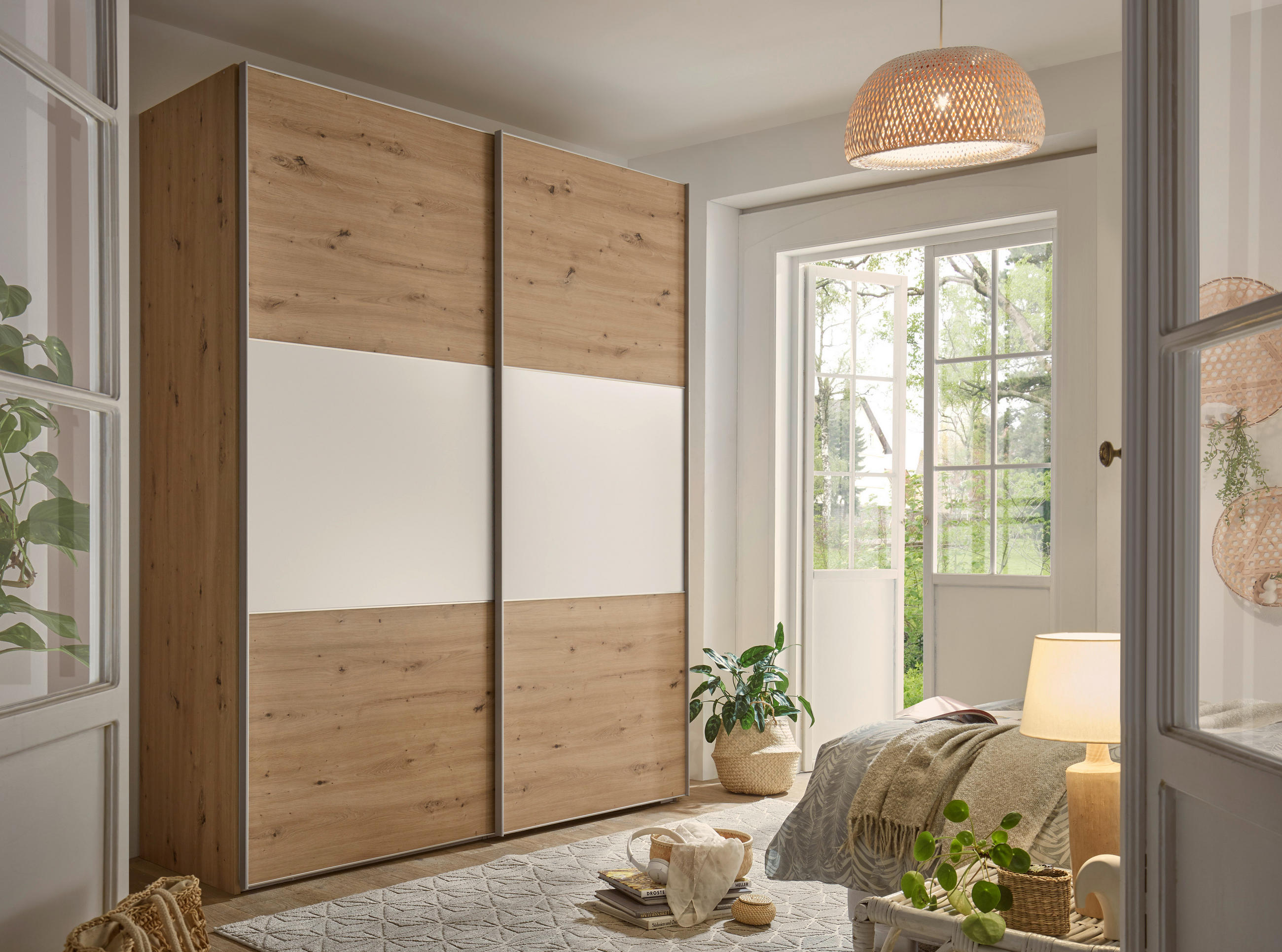 SCHWEBETÜRENSCHRANK 200/222/68 cm 2-türig Weiß, Eiche Artisan  - Alufarben/Eiche Artisan, Holzwerkstoff/Metall (200/222/68cm) - Moderano