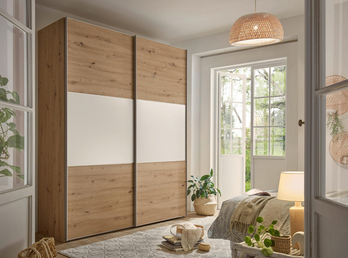 SCHWEBETÜRENSCHRANK in Weiss, Eiche Artisan  - Weiss/Alufarben, Holzwerkstoff/Metall (167/222/68cm) - Moderano