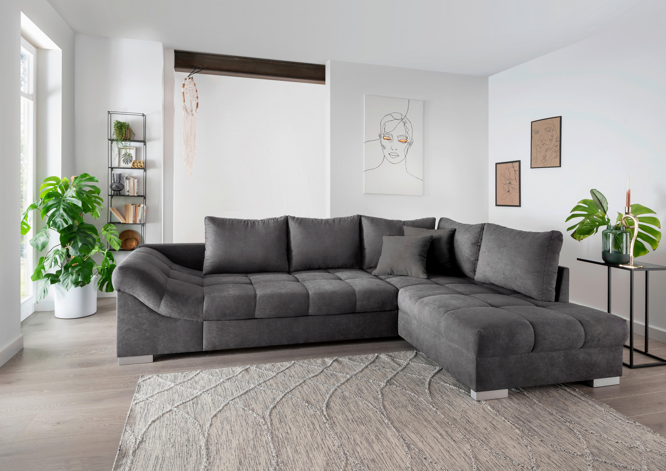 ECKSCHLAFSOFA Anthrazit Mikrofaser  - Anthrazit/Silberfarben, Design, Holz/Textil (298/202cm) - MID.YOU