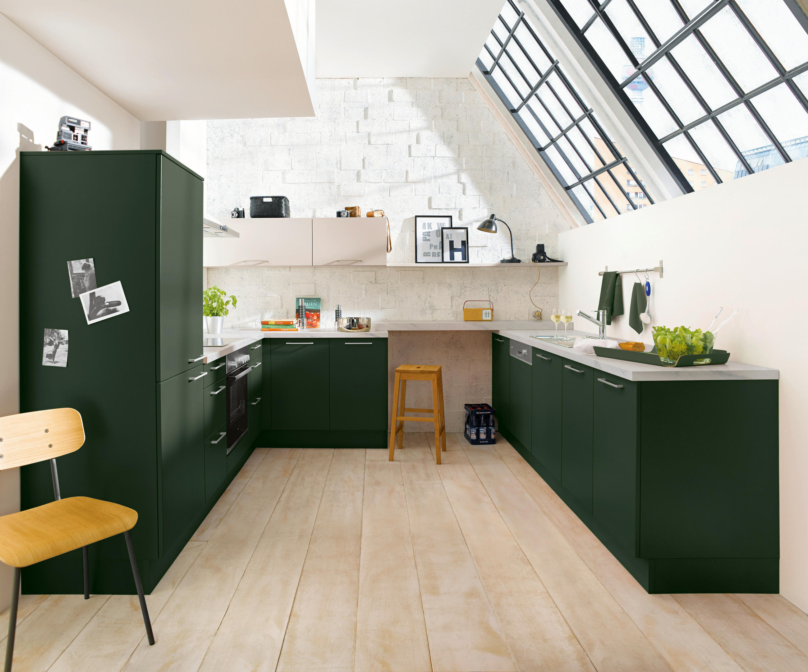 EINBAUKÜCHE SIENA  - Dunkelgrün/Creme, Design, Holzwerkstoff - Schüller