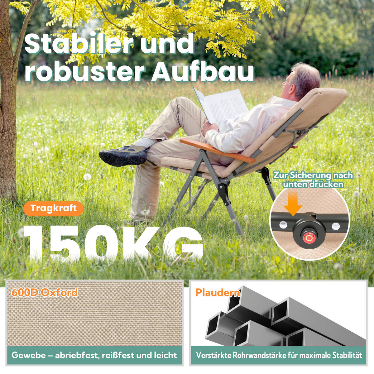 CAMPINGSESSEL - Beige/Silberfarben, Basics, Textil/Metall (54/102/71cm) - Modante