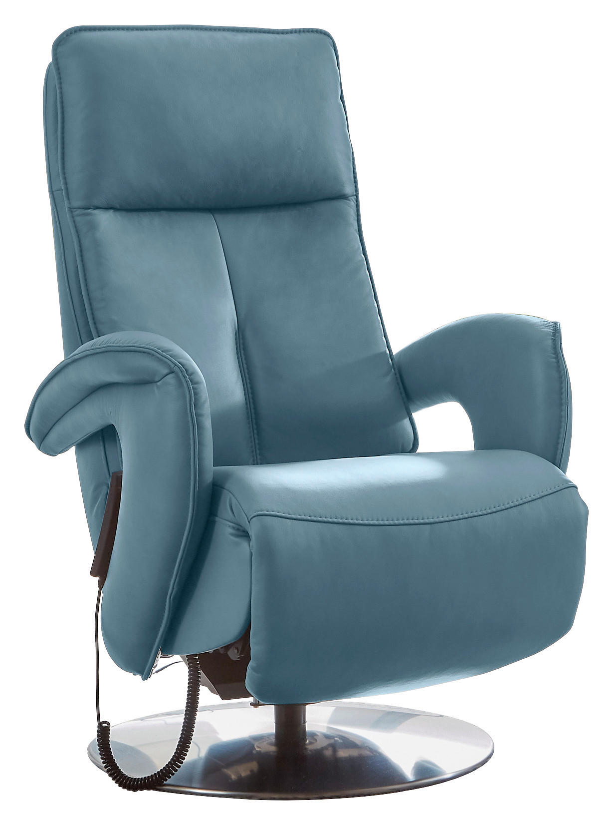 RELAXSESSEL Echtleder Relaxfunktion, Aufstehhilfe, Fußteilverstellung - Chromfarben/Blau, Design, Leder/Metall (77/110/87cm) - Valdera