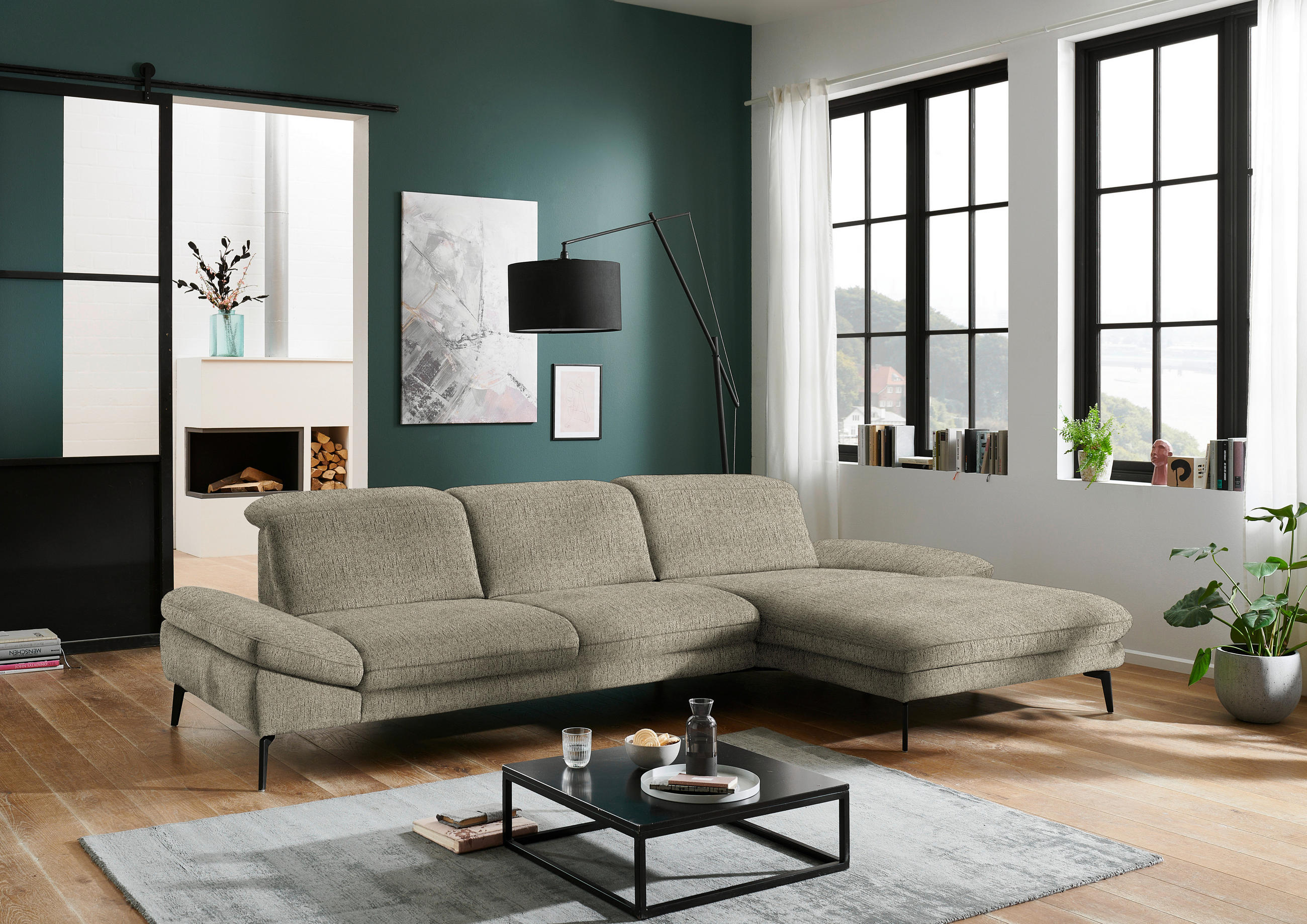 ECKSOFA in Chenille Olivgrün  - Schwarz/Olivgrün, Design, Textil/Metall (319/188cm) - Beldomo System