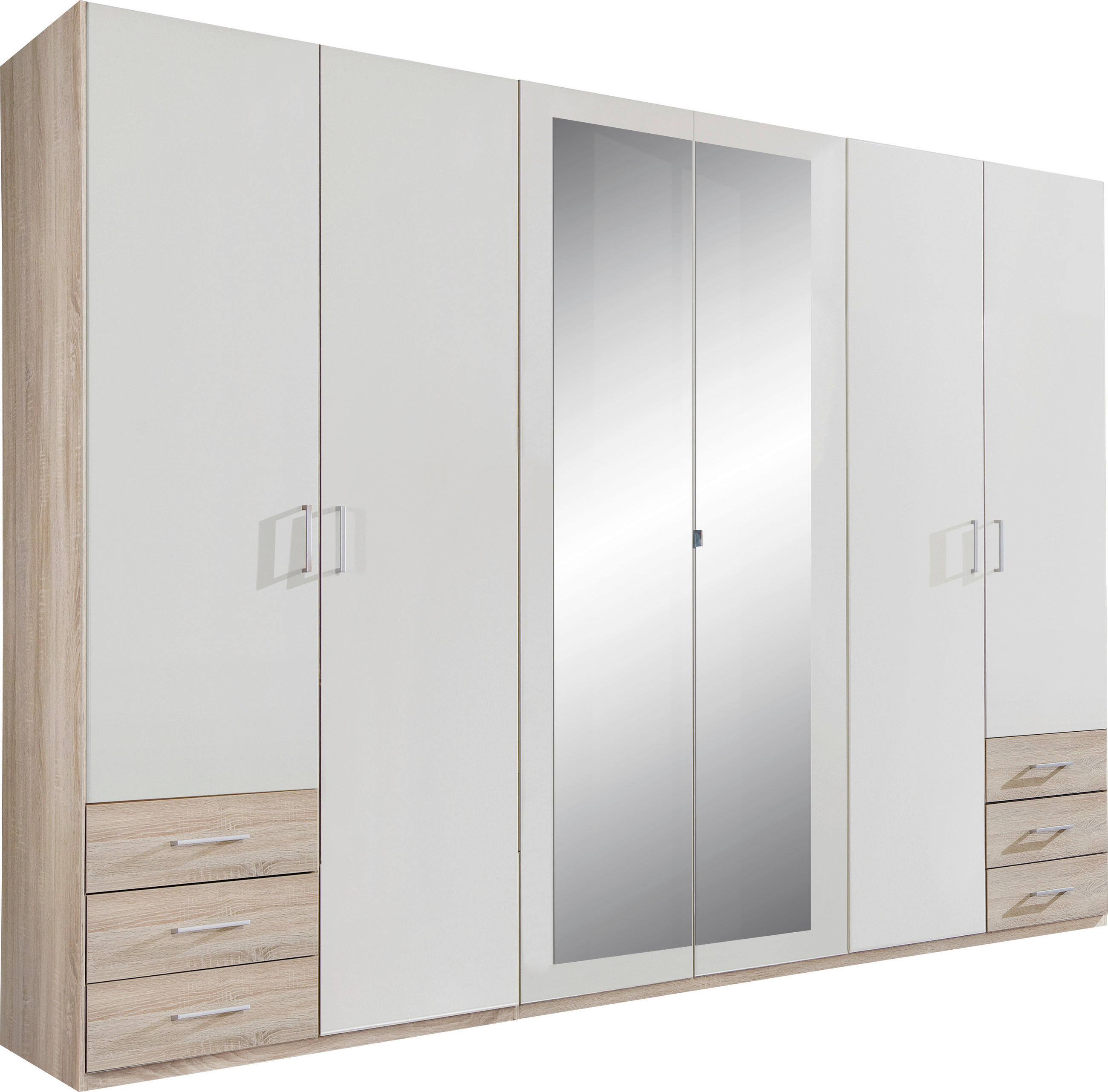 KLEIDERSCHRANK 270/208/58 cm,  in Weiß, Eichefarben, 6-türig  - Eichefarben/Alufarben, Design, Glas/Holzwerkstoff (270/208/58cm) - Boxxx