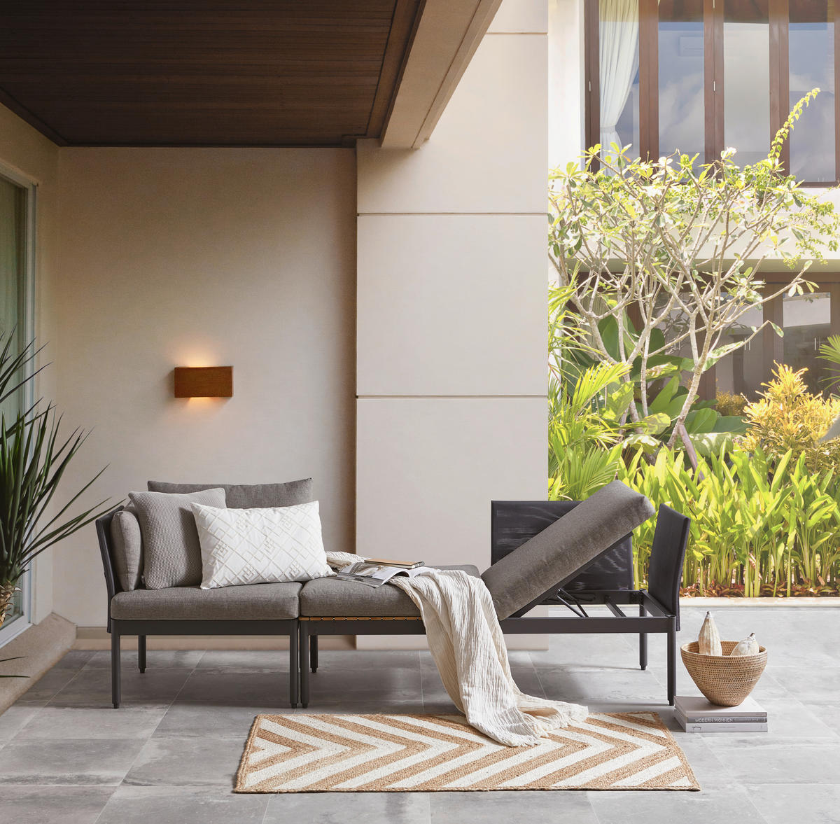 BALKONSET  - Grau/Teakfarben, Design, Holz/Textil (217/75/66cm) - Ambia Garden