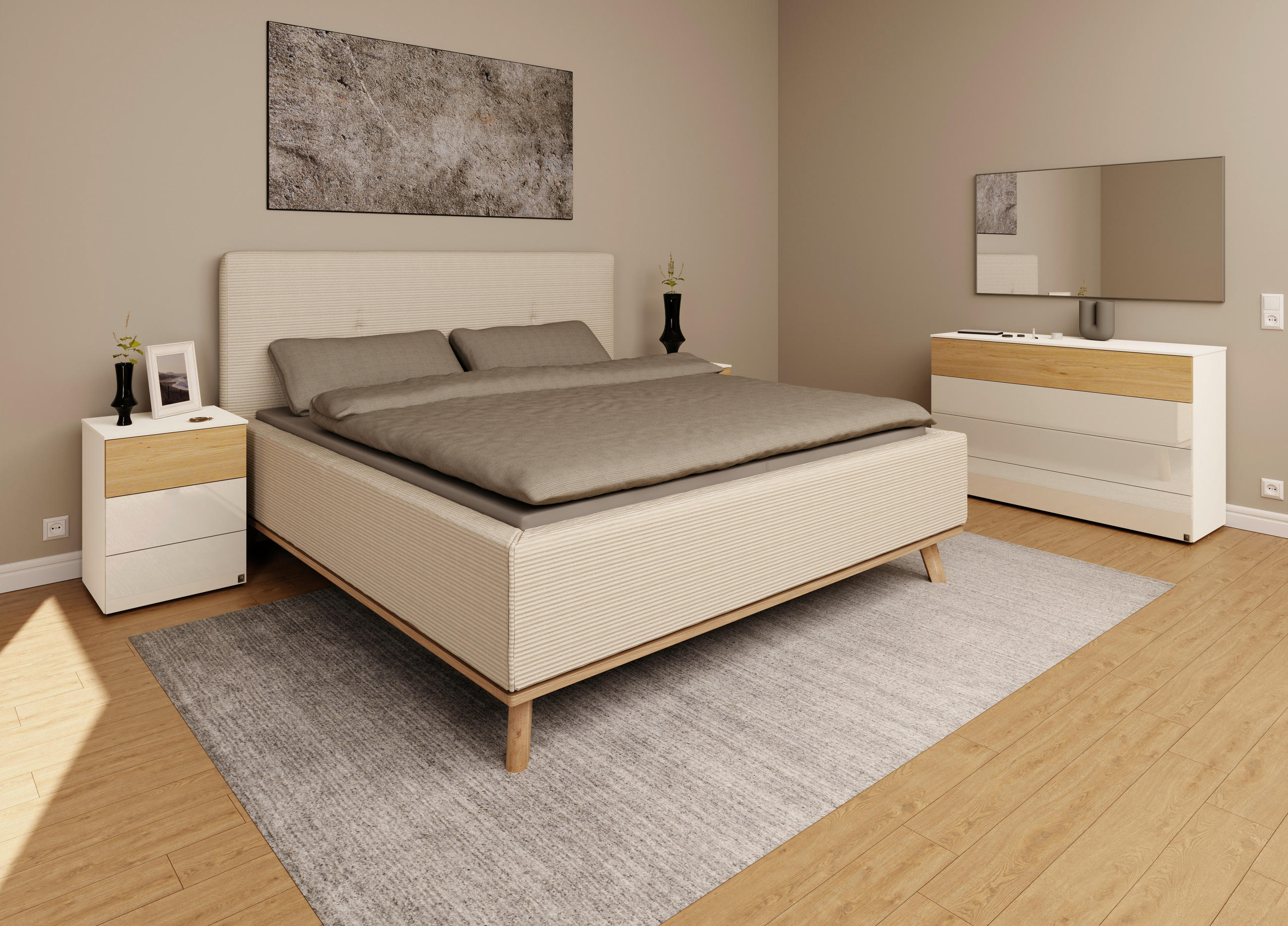 Thumbnail - Musterring Polsterbett, Creme, Textil, Birke, Buche,Esche, massiv, H2 + H3, Höhe ca. 20 cm, 180x200 cm, Reach, atmungsak...