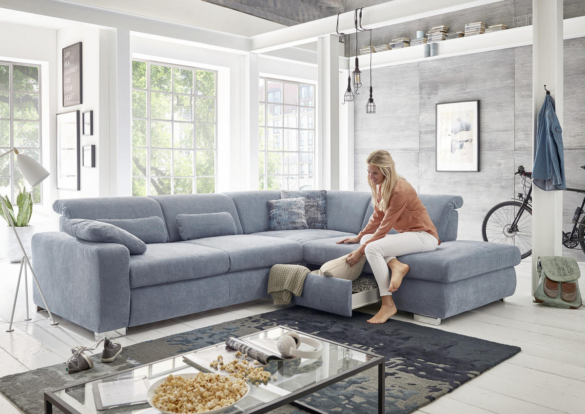 ECKSOFA in Flachgewebe Hellblau  - Chromfarben/Hellblau, Design, Textil/Metall (301/260cm) - Beldomo Style