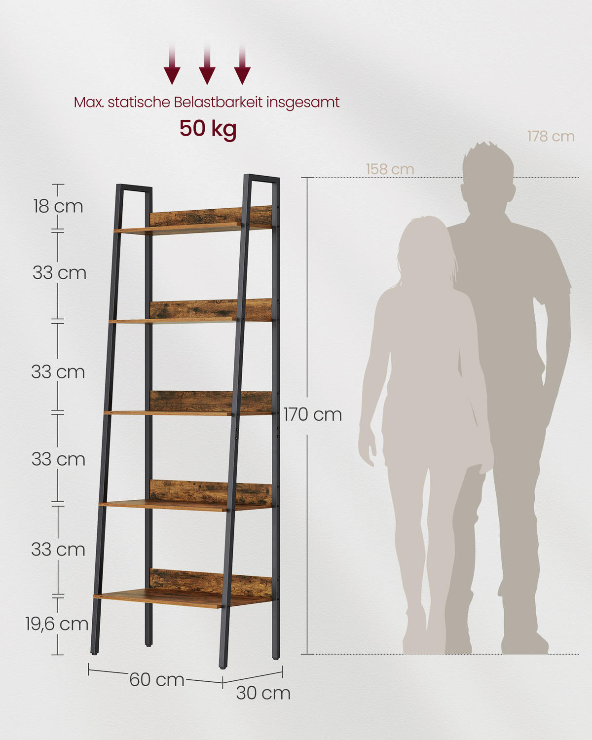 BÜCHERWAND  60/170/30 cm Braun, Schwarz  - Schwarz/Braun, Trend, Holzwerkstoff/Metall (60/170/30cm) - Boxxx