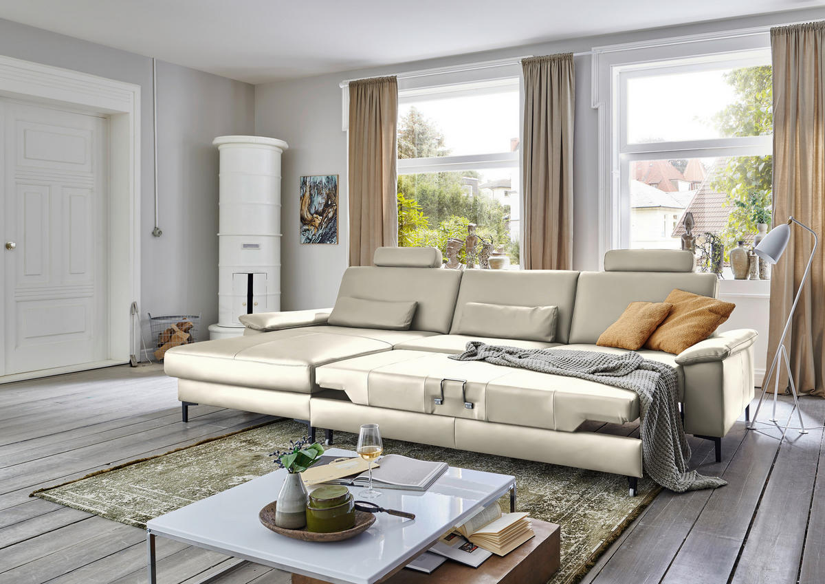 ECKSOFA in Echtleder Ecru  - Ecru/Schwarz, Design, Leder/Metall (176/334cm) - Dieter Knoll