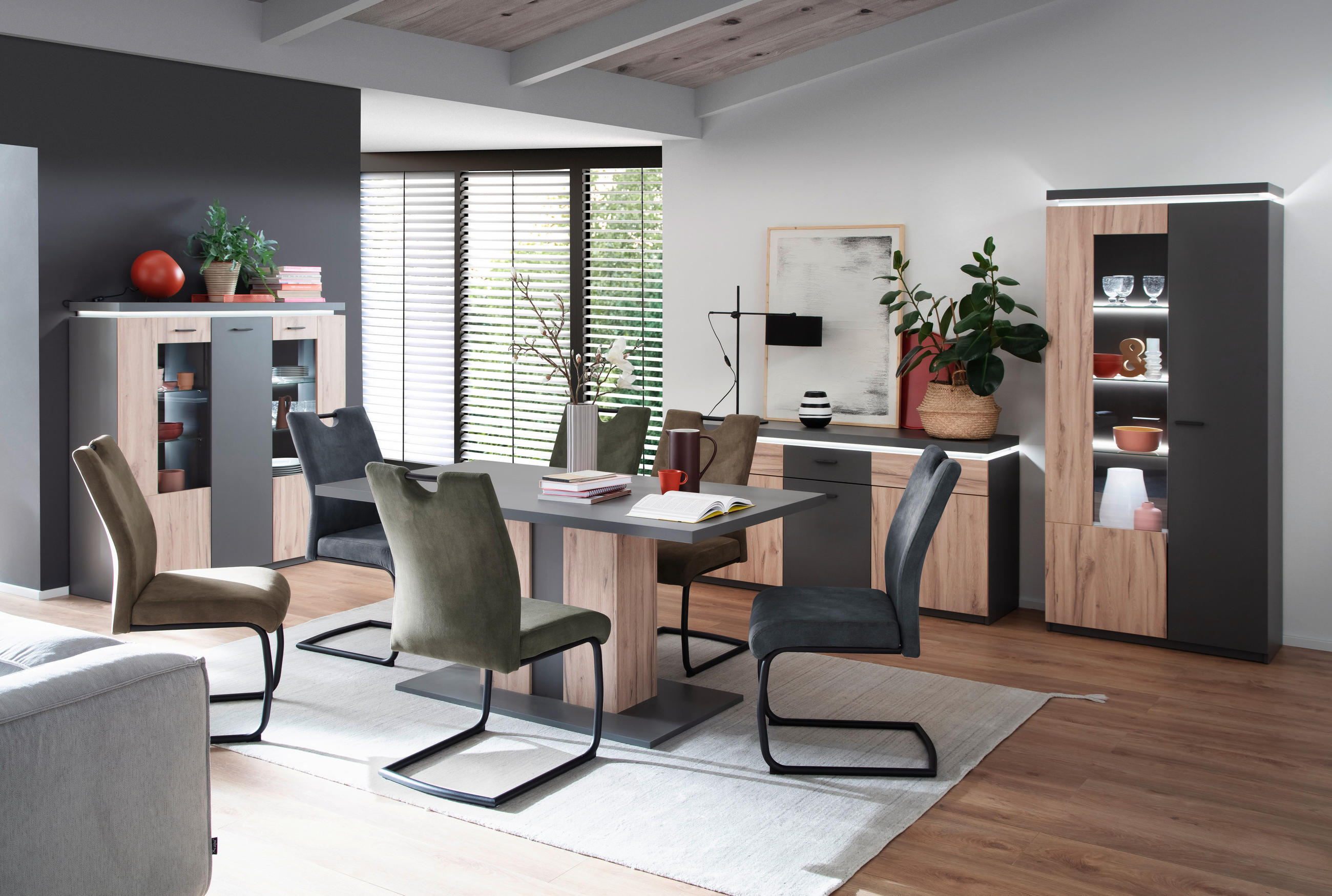 HIGHBOARD Grau, Eichefarben Einlegeböden, Oberplattenbeleuchtung - Eichefarben/Anthrazit, Design, Glas/Holzwerkstoff (138/144/38cm) - Carryhome