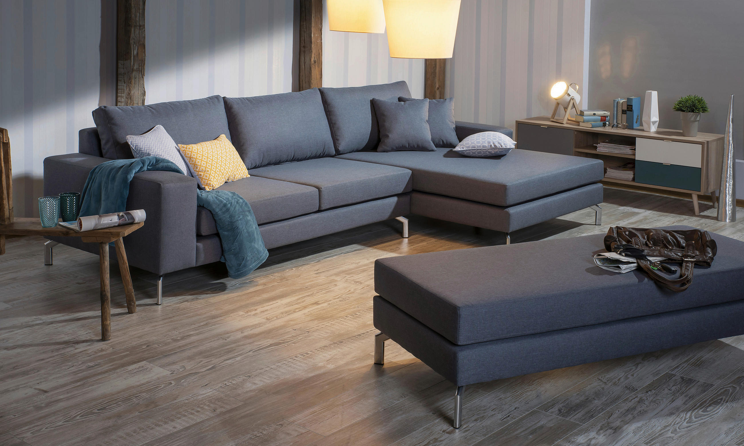 HOCKER Flachgewebe Dunkelblau - Silberfarben/Dunkelblau, Design, Textil/Metall (155/45/67cm) - Max Winzer