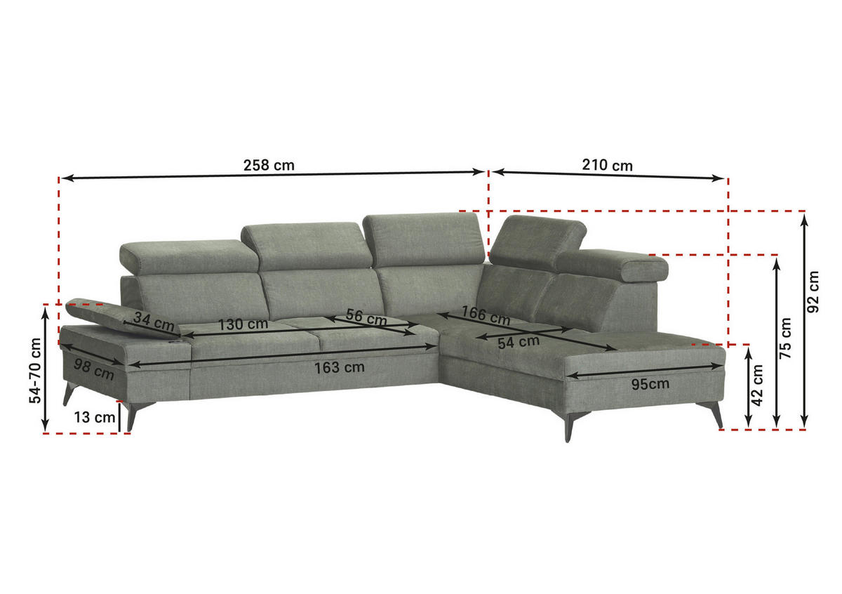 ECKSOFA Dunkelgrün Flachgewebe Rücken echt, Kopfteilverstellung, Sitzvorzug  - Dunkelgrün/Schwarz, MODERN, Textil/Metall (258/210cm) - Landscape