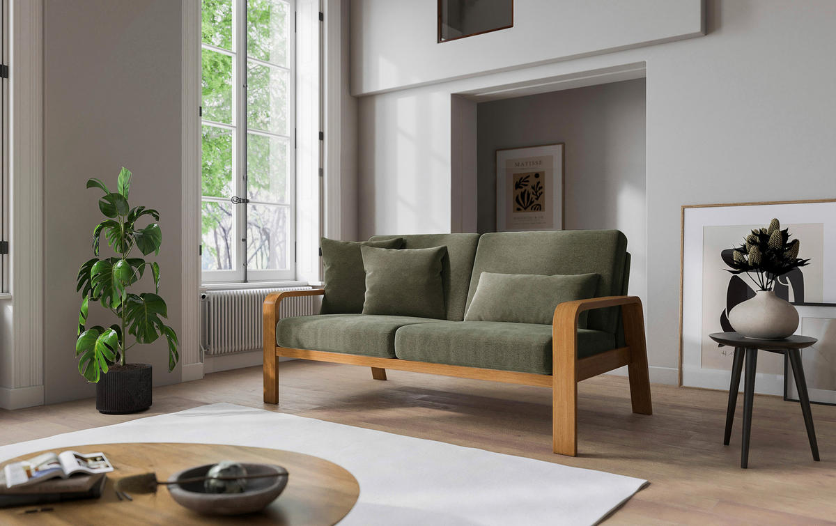 2,5-SITZER in Mikrofaser Olivgrün  - Eichefarben/Olivgrün, Konventionell, Holz/Textil (170/91/93cm) - Livetastic