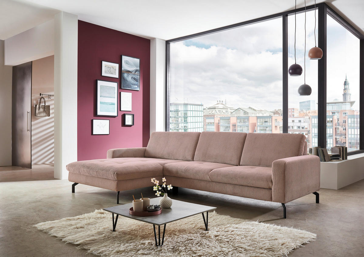 ECKSOFA Altrosa Cord  - Schwarz/Altrosa, Design, Textil/Metall (178/302cm) - Carryhome