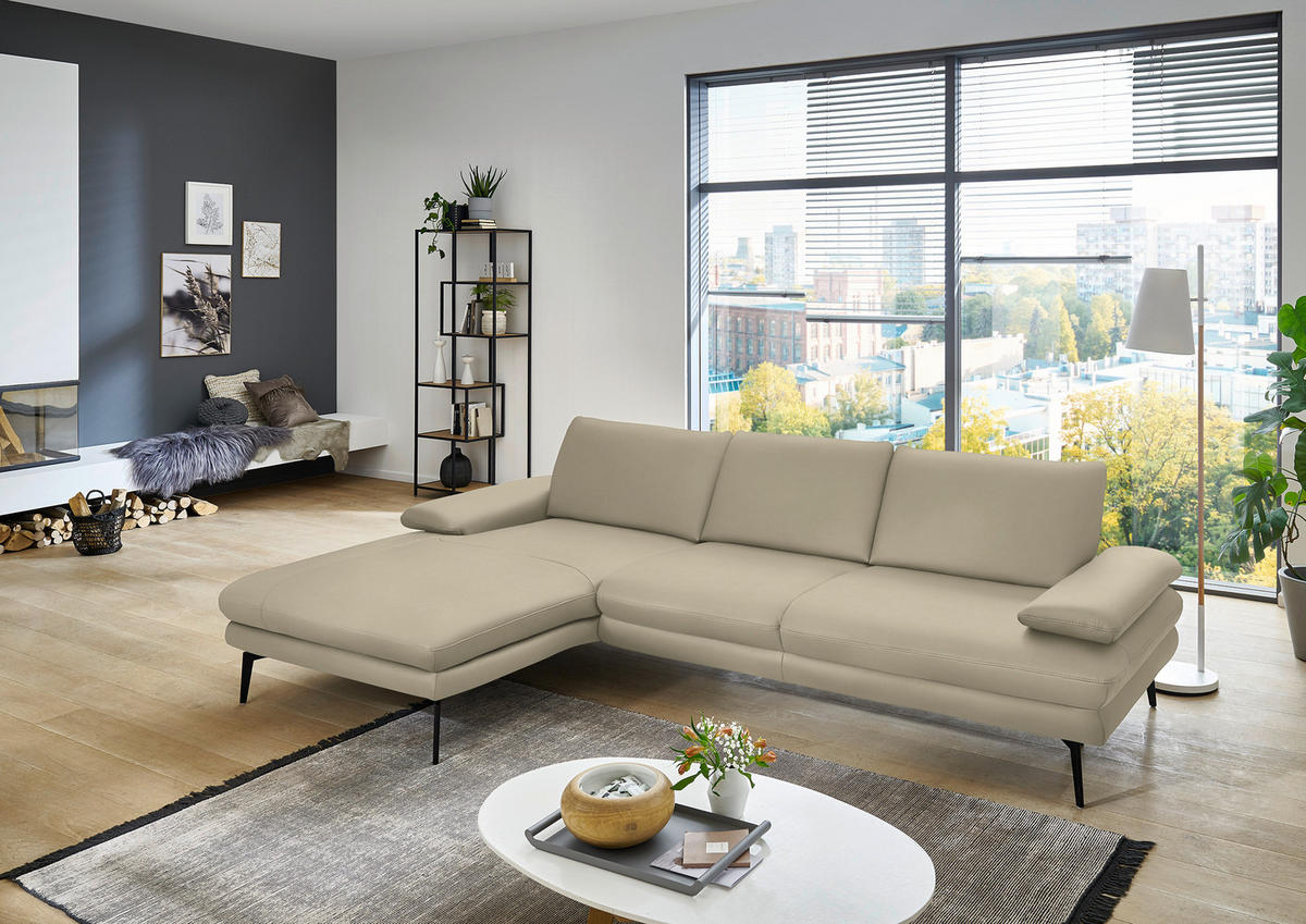 ECKSOFA in Echtleder Creme, Naturfarben  - Creme/Schwarz, Design, Leder/Metall (180/310cm) - Dieter Knoll