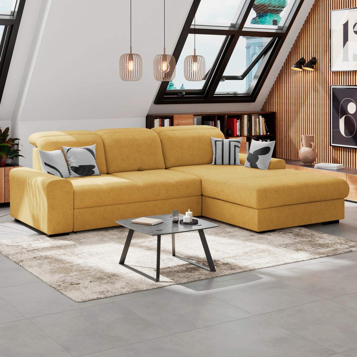 ECKSOFA Gelb Chenille Rücken echt, Kopfteilverstellung  - Gelb/Schwarz, KONVENTIONELL, Holz/Textil (286/203cm) - MID.YOU