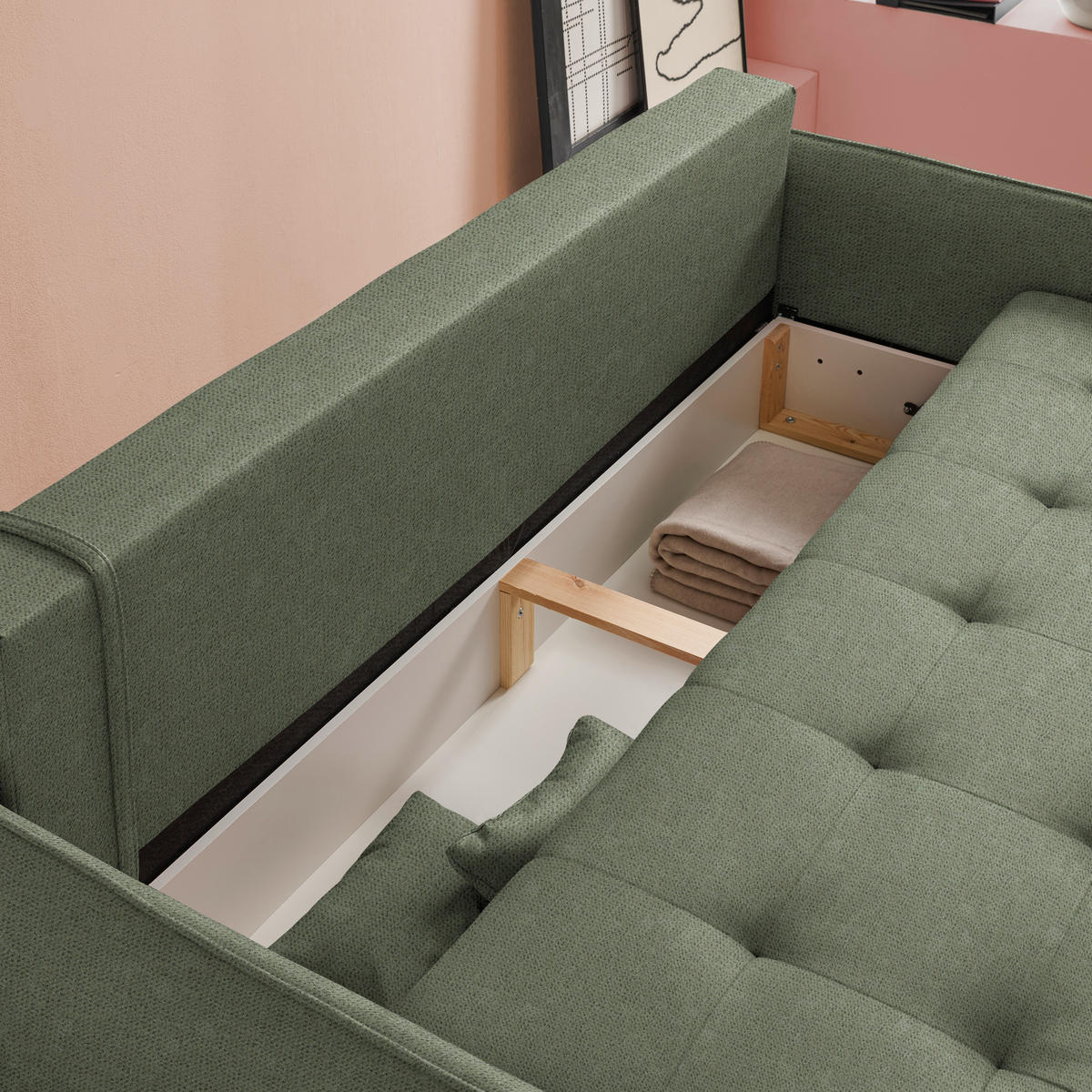 SCHLAFSOFA  in Chenille Grün  - Buchefarben/Grün, Design, Holz/Textil (217/97/101cm) - Carryhome