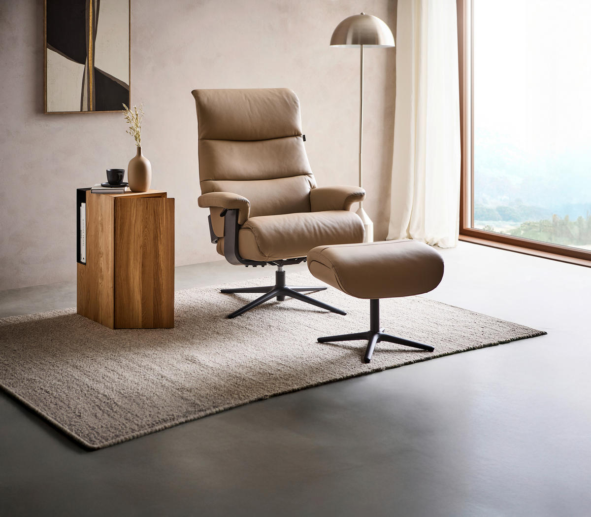RELAXSESSELSET Lederlook Kombination Echtleder/Lederlook Relaxfunktion, Hocker    - Taupe/Schwarz, Design, Leder/Textil (78/111/81cm) - Xora