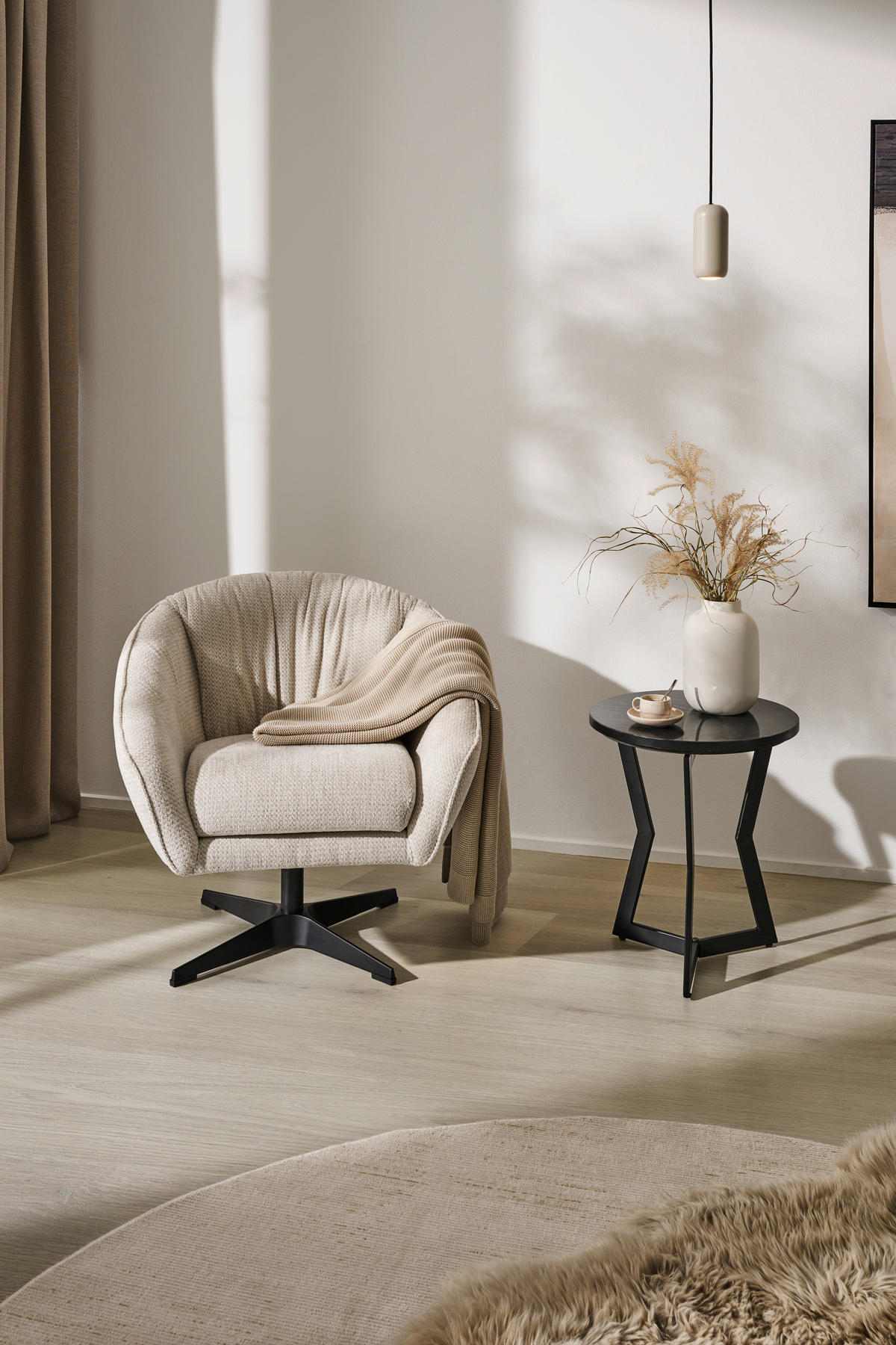 SESSEL in Chenille Naturfarben  - Schwarz/Naturfarben, Design, Textil/Metall (80/78/80cm) - Stylife